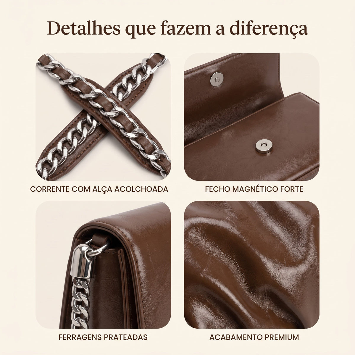 Bolsa Transversal Feminina de Couro com Corrente + Carteira de Brinde