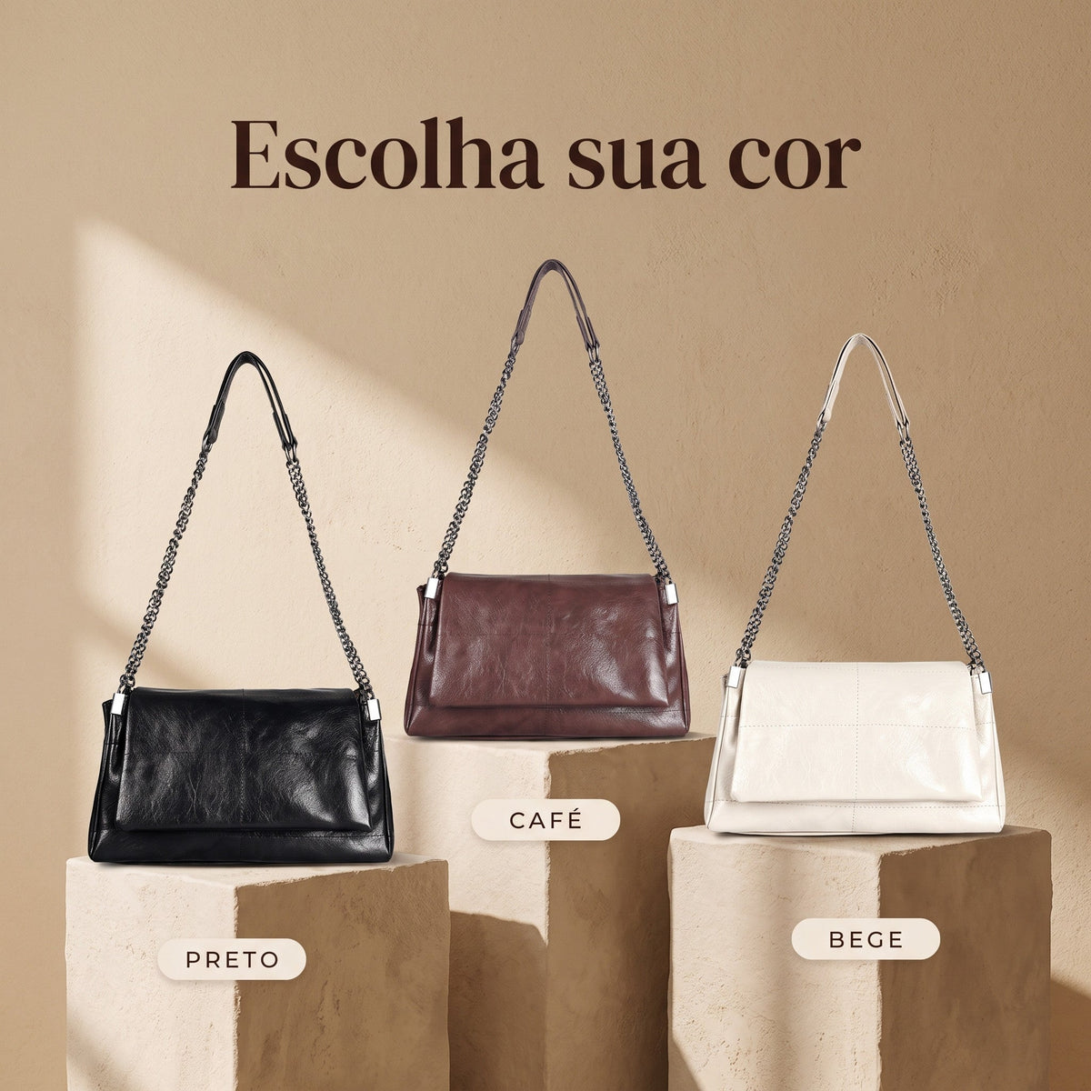 Bolsa Transversal Feminina de Couro com Corrente + Carteira de Brinde