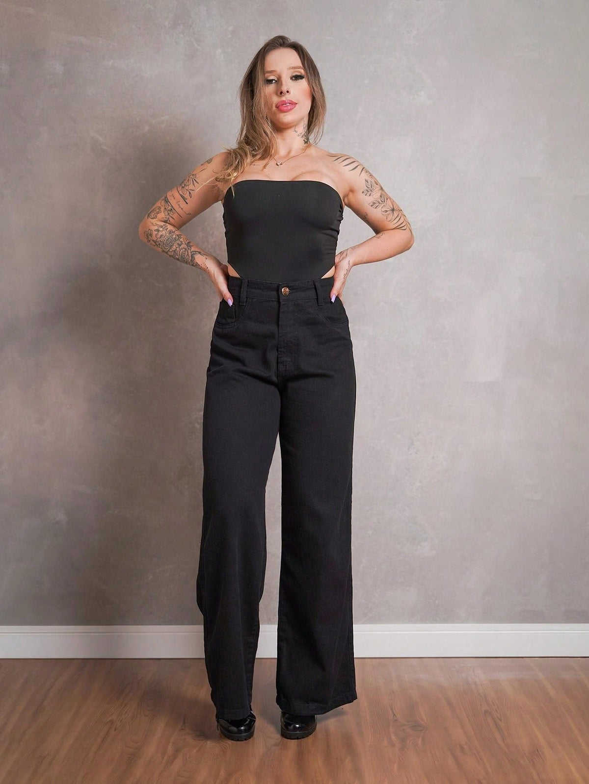 Calça Jeans Pantalona Giovanna Wide Leg Cintura Alta Marmorizada