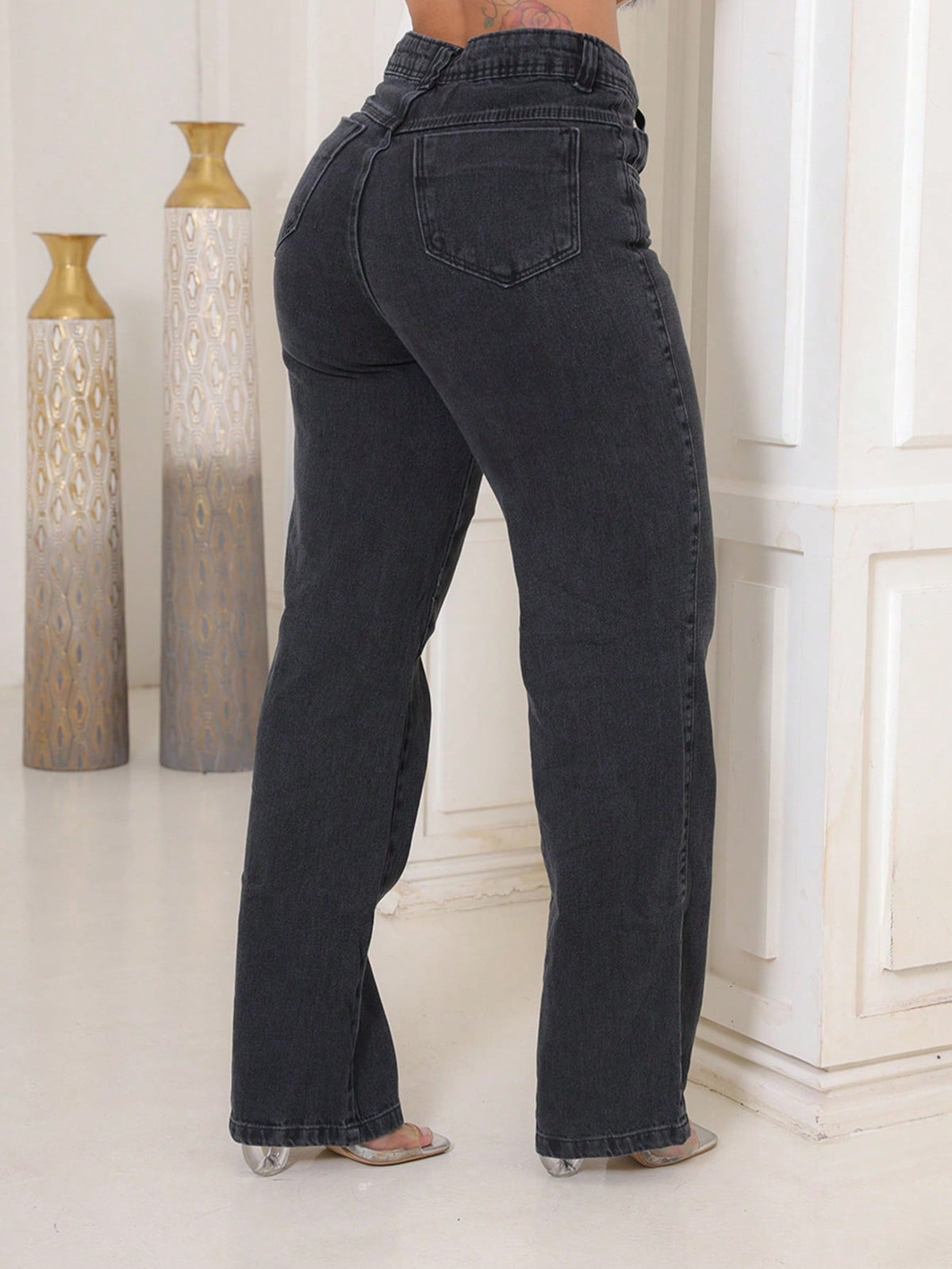 Calça Jeans Pantalona Giovanna Wide Leg Cintura Alta Marmorizada