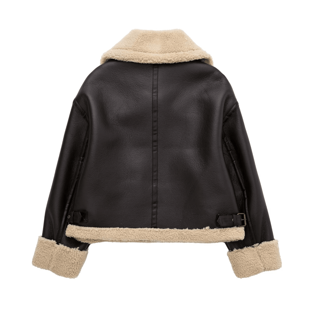 DEEKA Jaqueta de Motocicleta Curta e Quente de Dois Lados, Inverno Novo, Casaco Feminino Oversized de Couro Sintético Marrom e Gola de Pele Sintética - Castanho