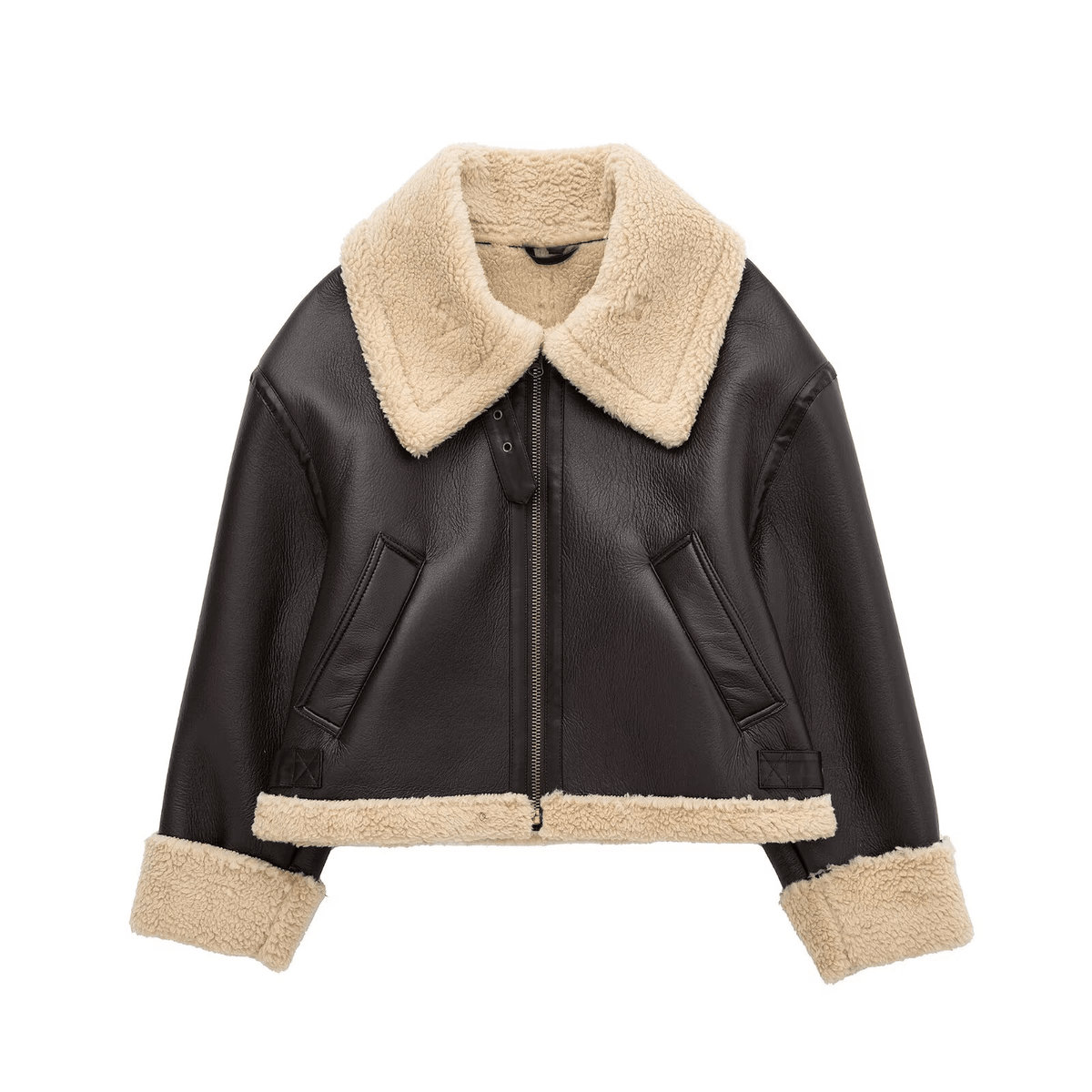 DEEKA Jaqueta de Motocicleta Curta e Quente de Dois Lados, Inverno Novo, Casaco Feminino Oversized de Couro Sintético Marrom e Gola de Pele Sintética - Castanho
