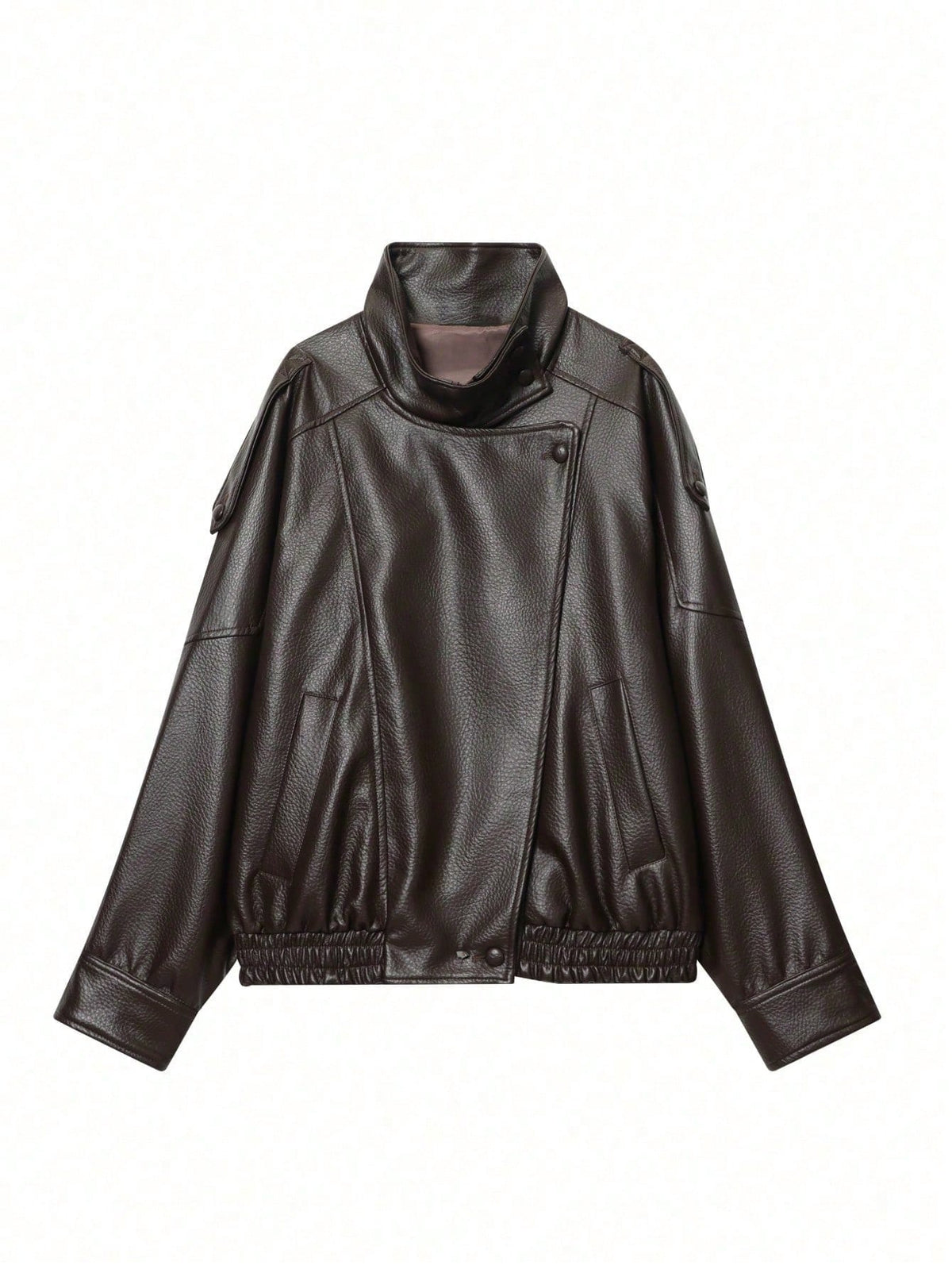 Jaqueta Feminina Camellia Oversized de Corte Solto, Nova para Outono/Inverno, Estilo Europeu e Americano, Casaco Minimalista Versátil Premium em Couro Sintético para Outono - Castanho