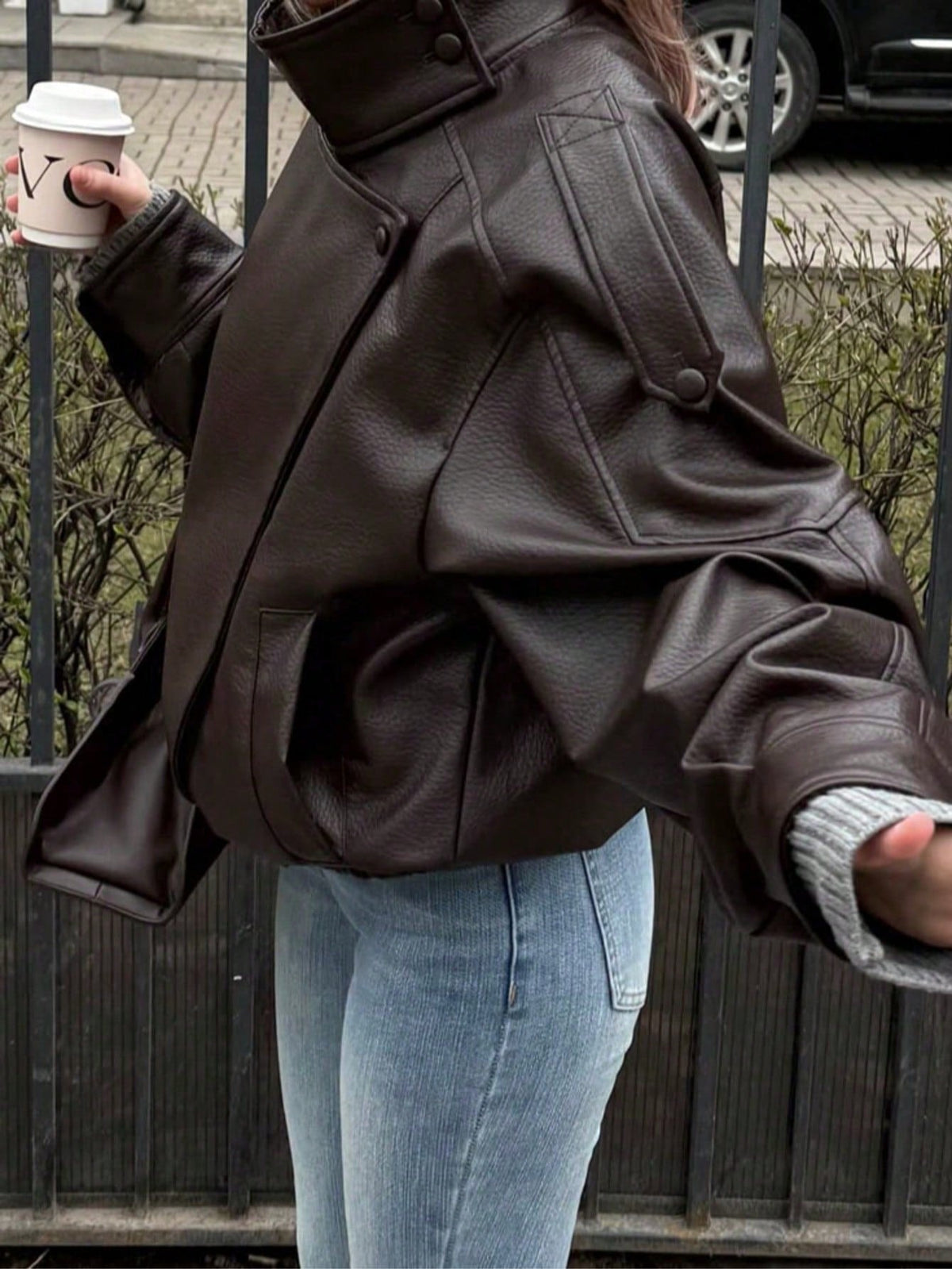 Seelio Jaqueta Casual Feminina de Couro Sintético com Gola Alta, Estilo Europeu e Americano, Moda Minimalista Versátil, Streetwear, Outono/Inverno - Marrom F