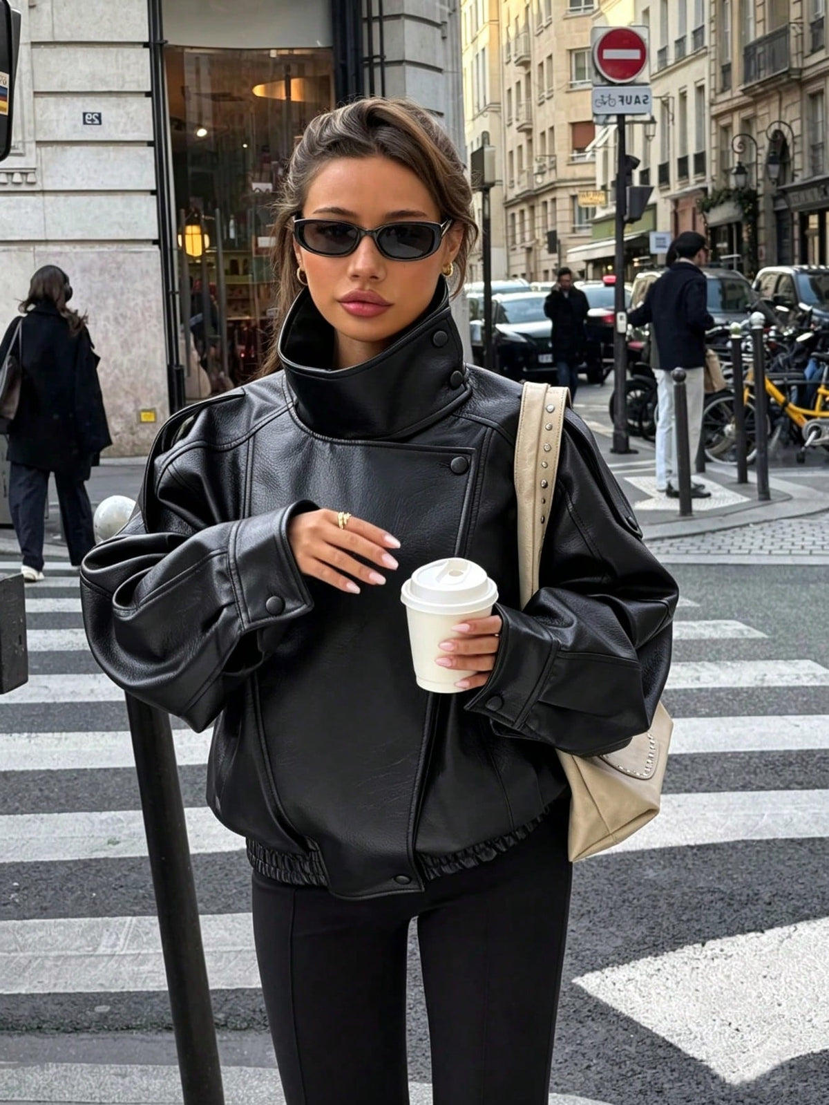 Seelio Jaqueta Casual Feminina de Couro Sintético com Gola Alta, Estilo Europeu e Americano, Moda Minimalista Versátil, Streetwear, Outono/Inverno - Preto F