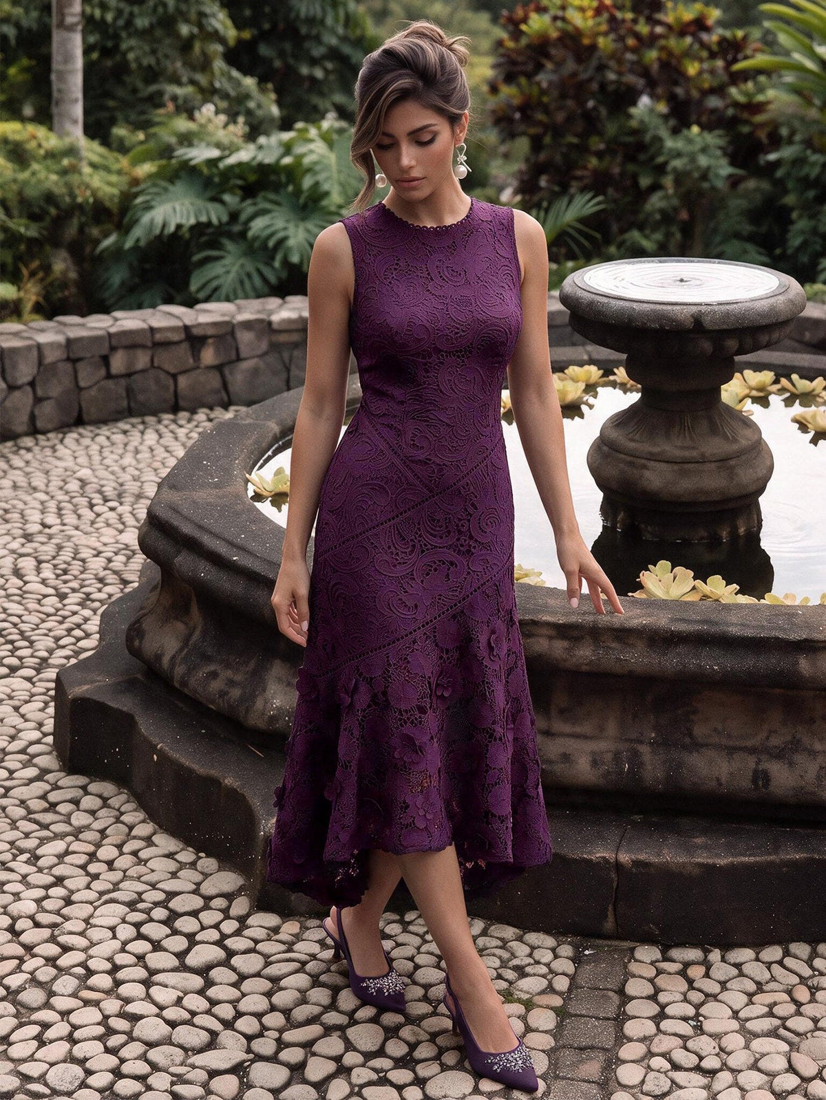 Anewsta Vestido Elegante de Pescoço Redondo de Renda com Splice Vazado, Primavera e Verão - Roxo