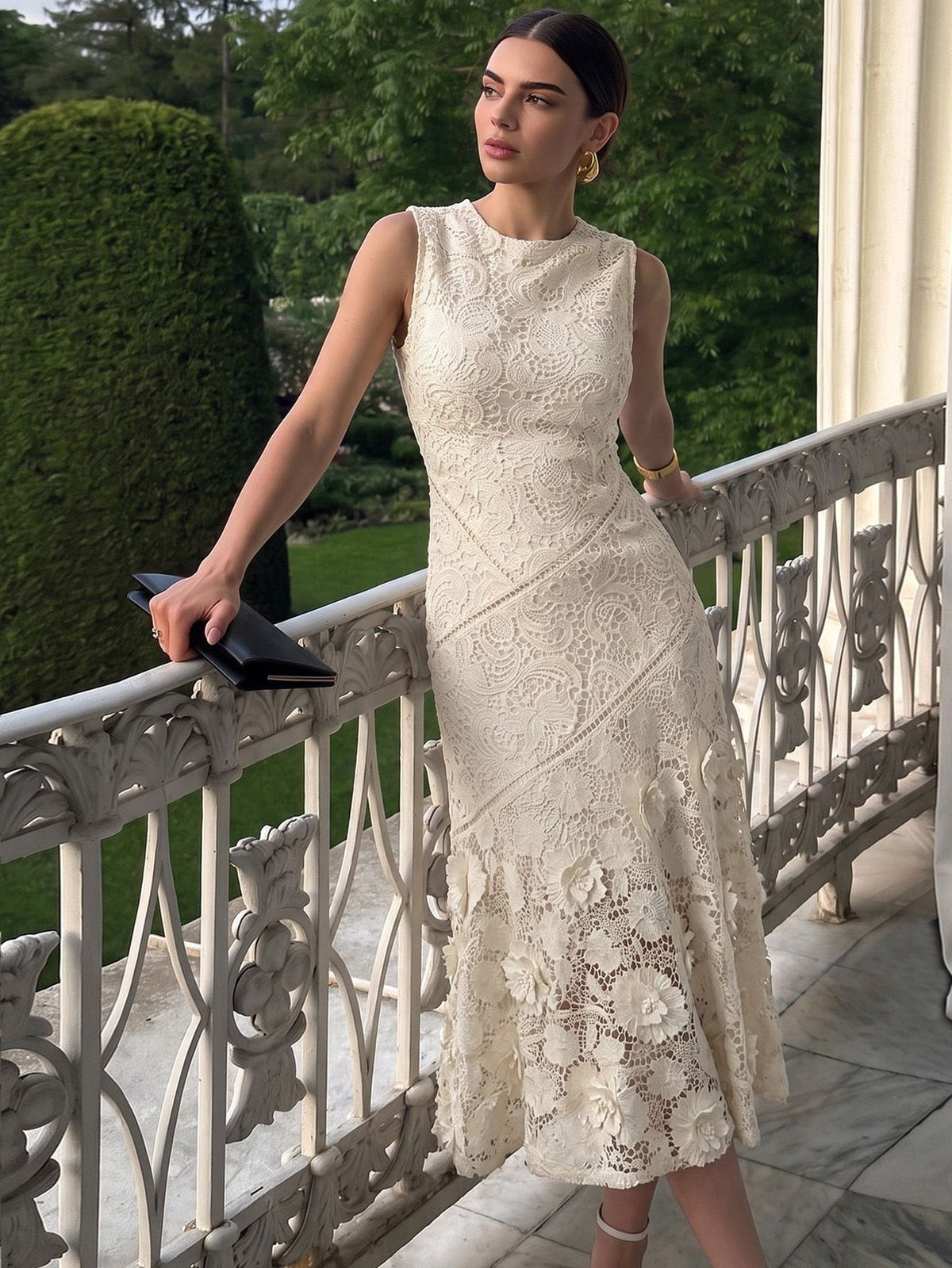 Anewsta Vestido Elegante de Pescoço Redondo de Renda com Splice Vazado, Primavera e Verão - Damasco