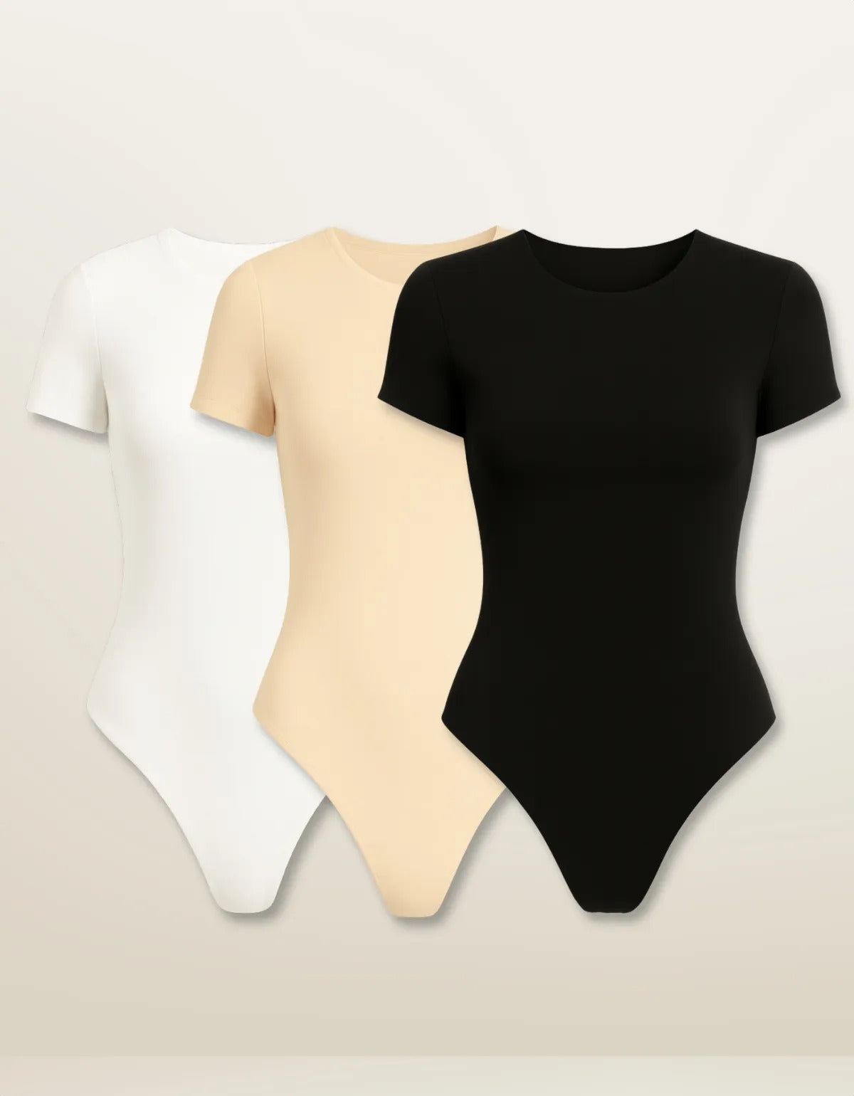 Kit 3 Body Feminino De Manga Curta Forro Suplex Gola Redonda - Preto Bege e Branco