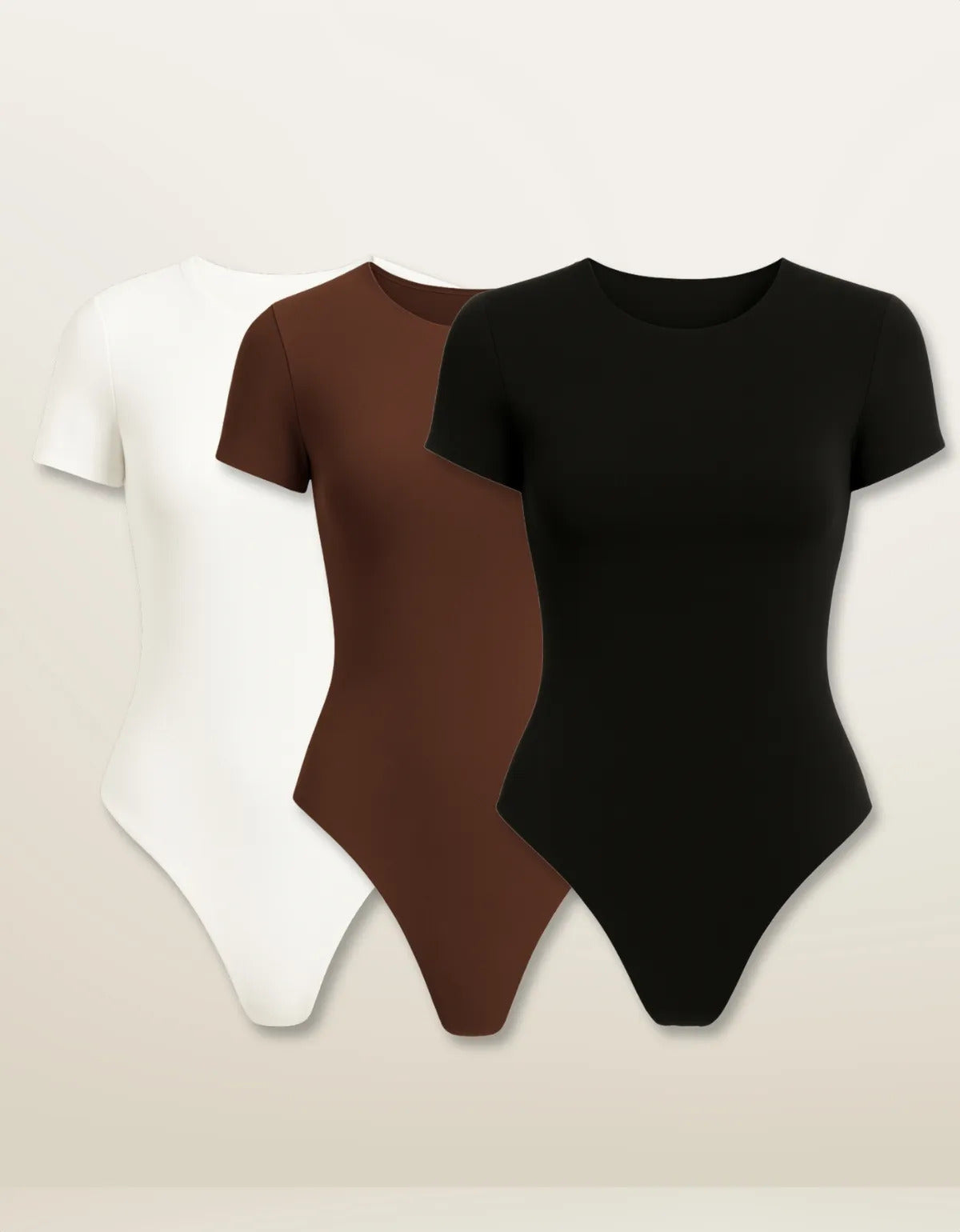 Kit 3 Body Feminino De Manga Curta Forro Suplex Gola Redonda - Preto Marrom e Branco