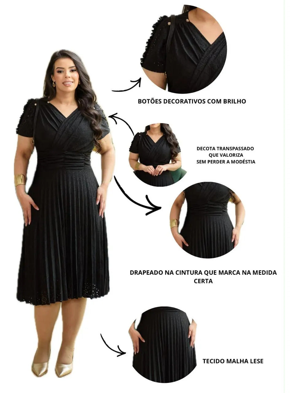 Vestido Midi Em Malha Lese Com Manga Curta Feminino Plissado - Preto