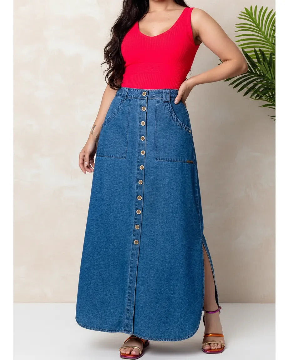 Saia Longa Jeans Premium Lançamento Moda Evangélica S4036 - Azul