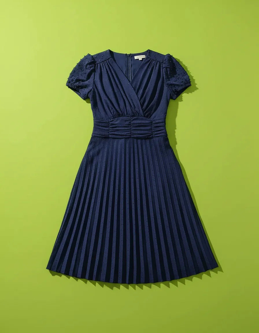 Vestido Midi Em Malha Lese Com Manga Curta Feminino Plissado - Azul