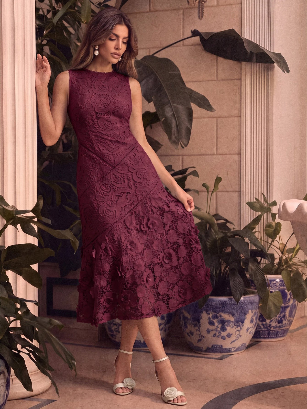 Anewsta Vestido Elegante de Pescoço Redondo de Renda com Splice Vazado, Primavera e Verão - Vinho