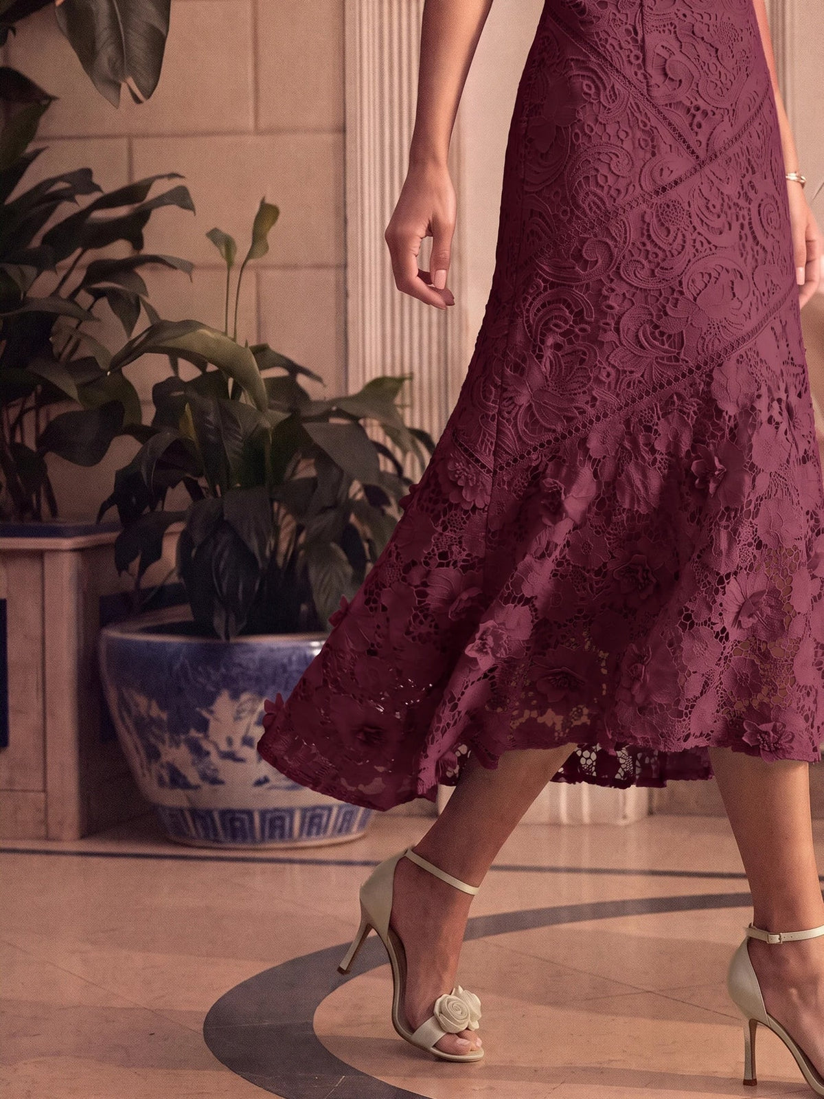 Anewsta Vestido Elegante de Pescoço Redondo de Renda com Splice Vazado, Primavera e Verão - Vinho