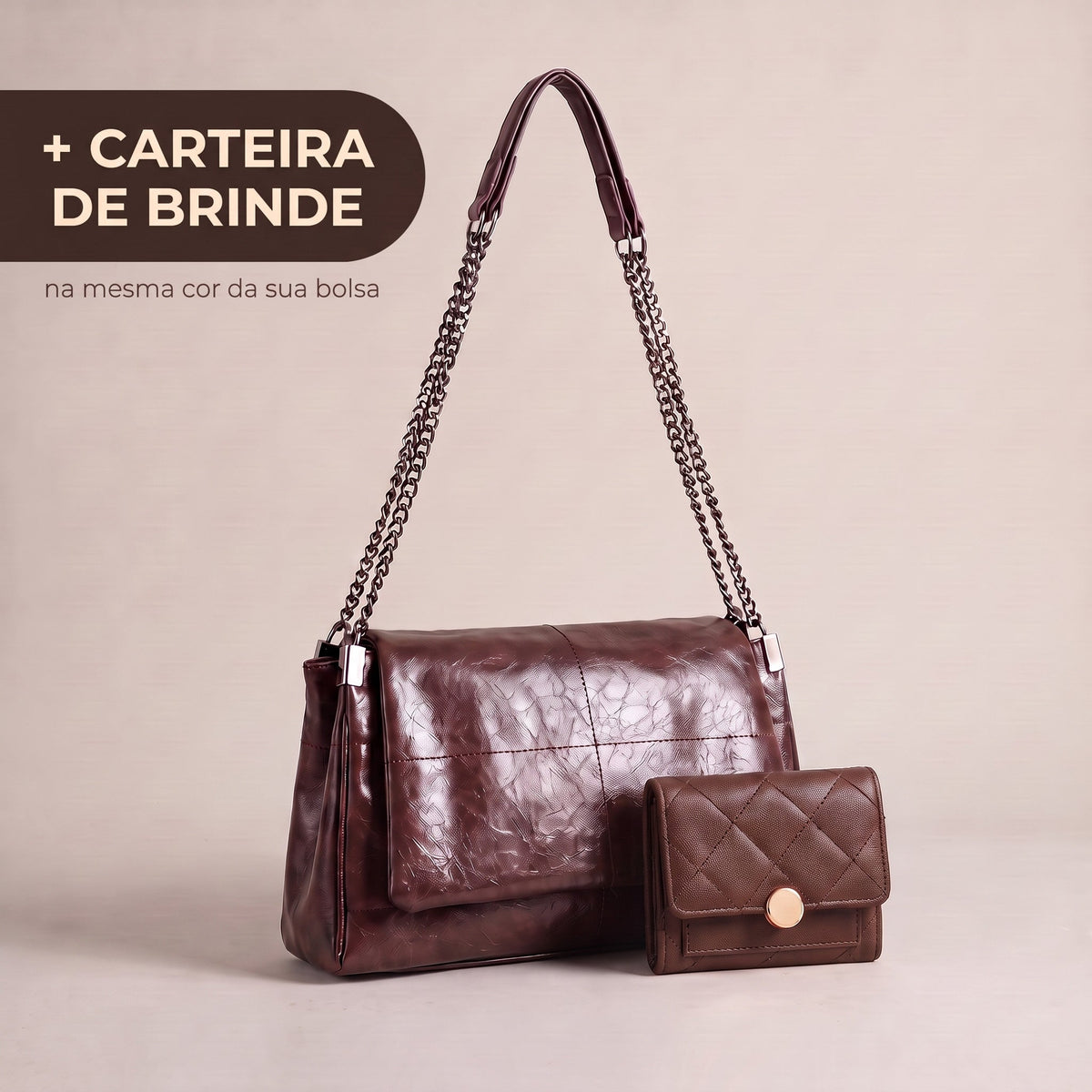 Bolsa café com carteira de brinde na mesma cor