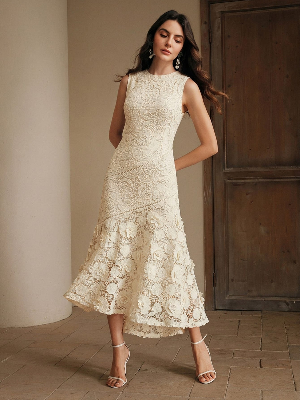 Anewsta Vestido Elegante de Pescoço Redondo de Renda com Splice Vazado, Primavera e Verão - Damasco