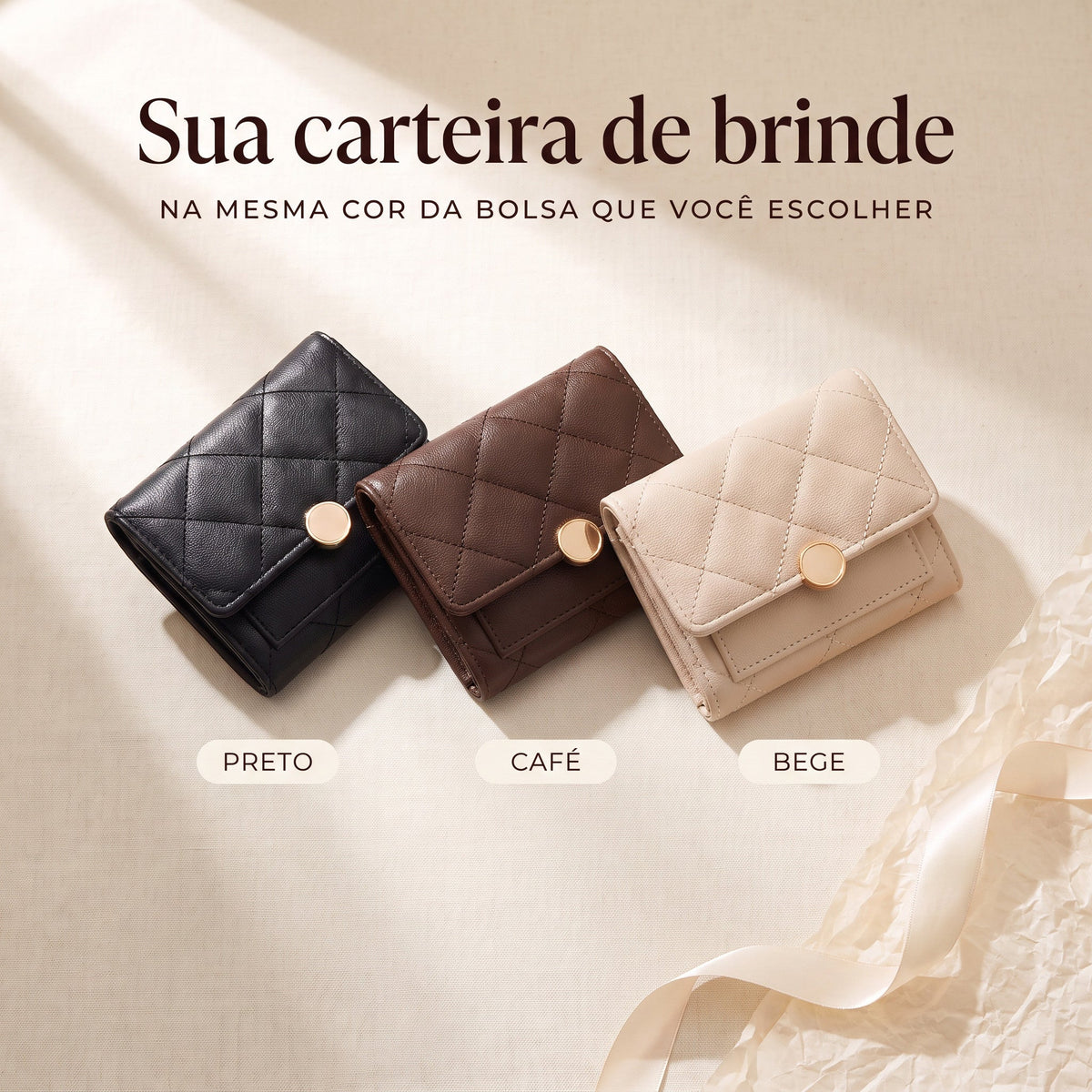Carteiras de brinde nas cores preto, café e bege