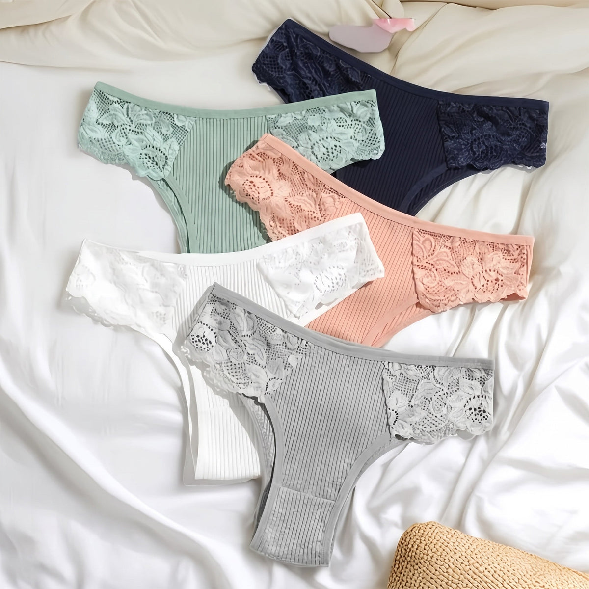Kit 5 calcinhas Comfort Belt de algodão canelado com renda nas laterais