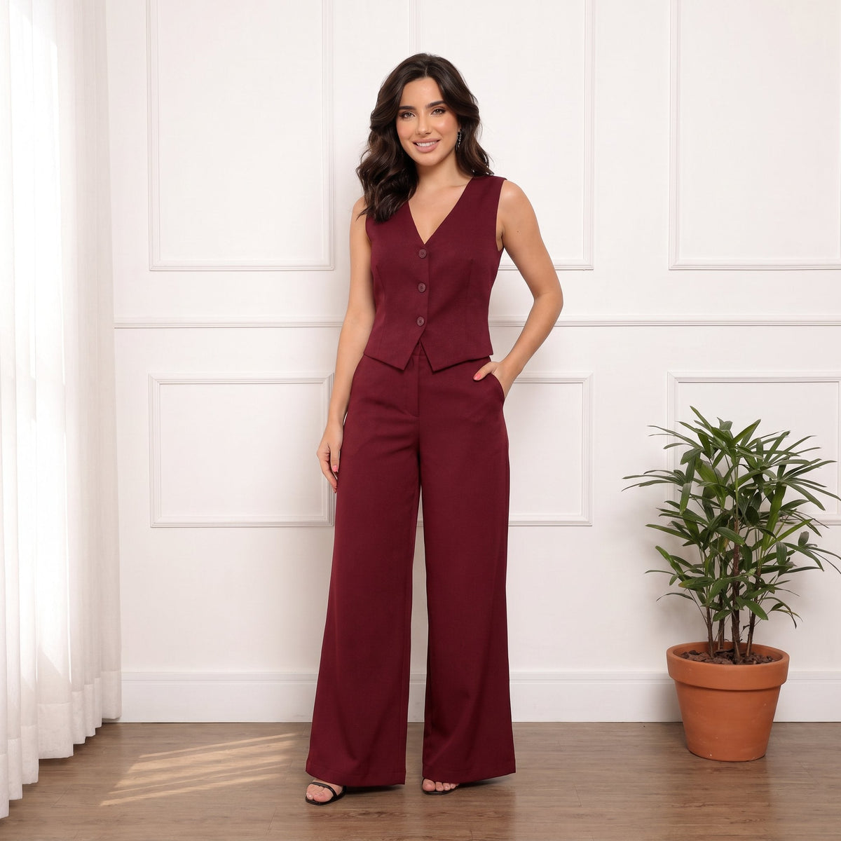 Kit 2 conjuntos de alfaiataria colete e calça pantalona vinho