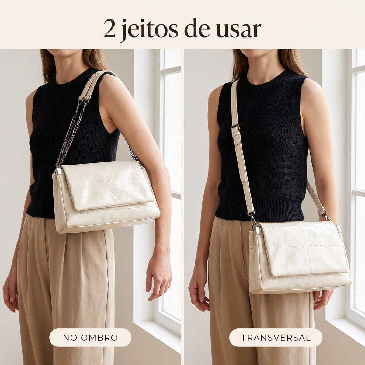 Bolsa Transversal Feminina de Couro com Corrente + Carteira de Brinde