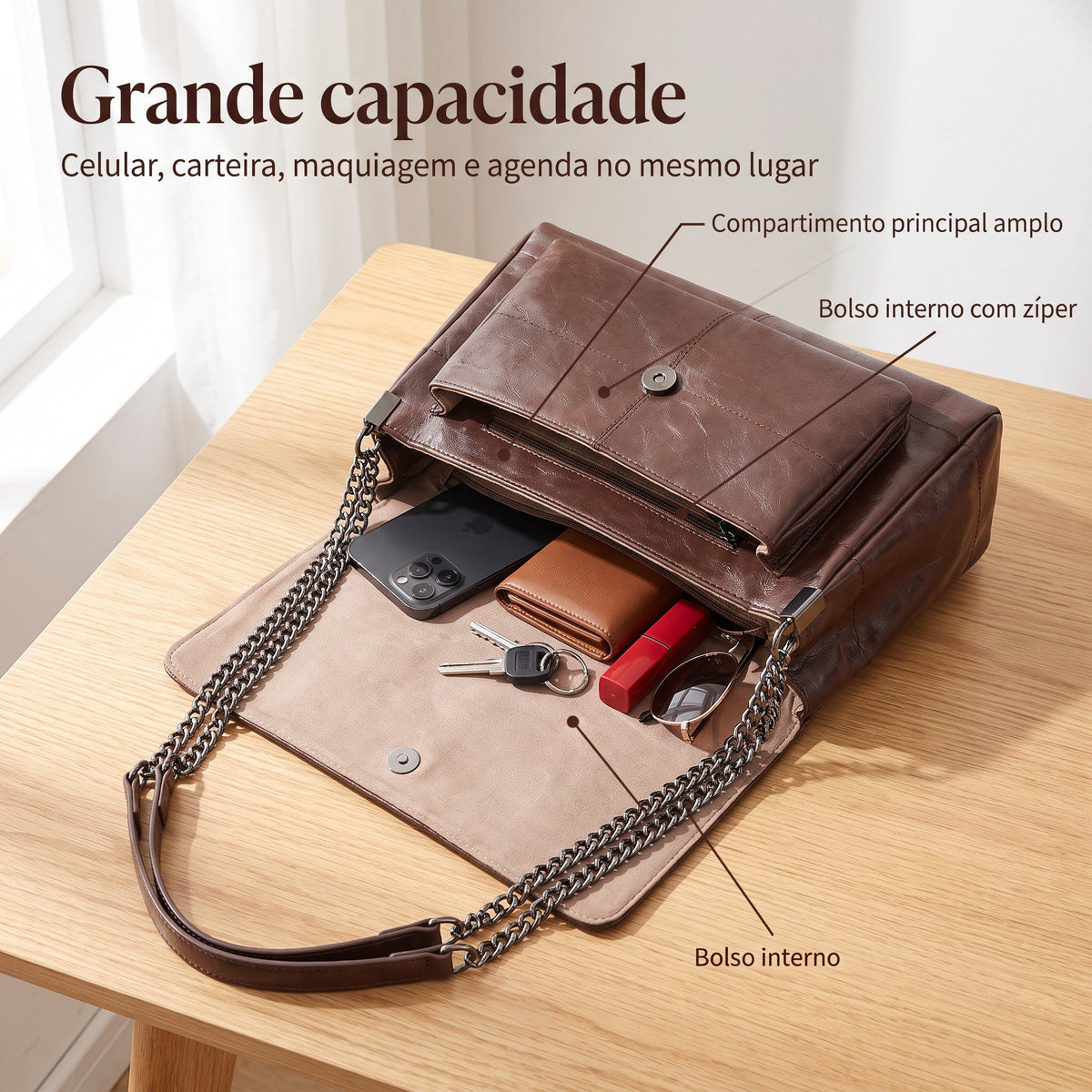 Bolsa Transversal Feminina de Couro com Corrente + Carteira de Brinde