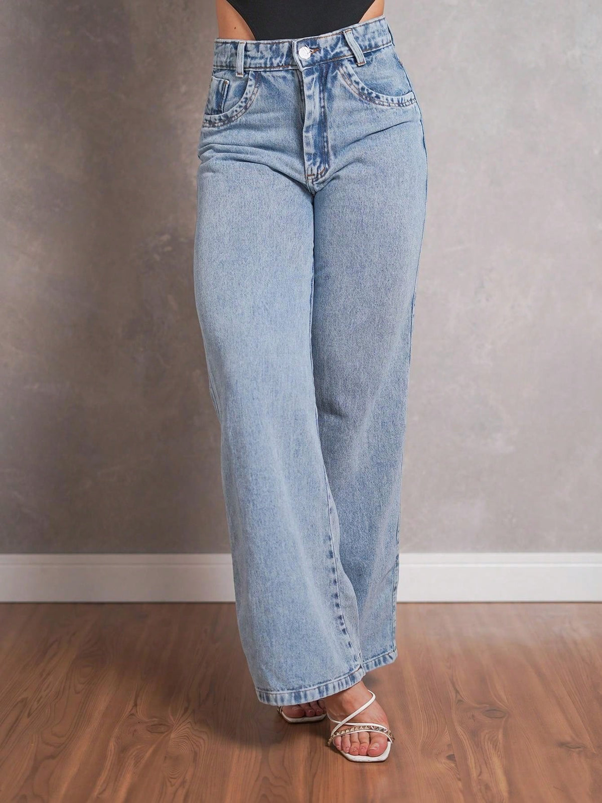 Calça Jeans Pantalona Giovanna Wide Leg Cintura Alta Marmorizada