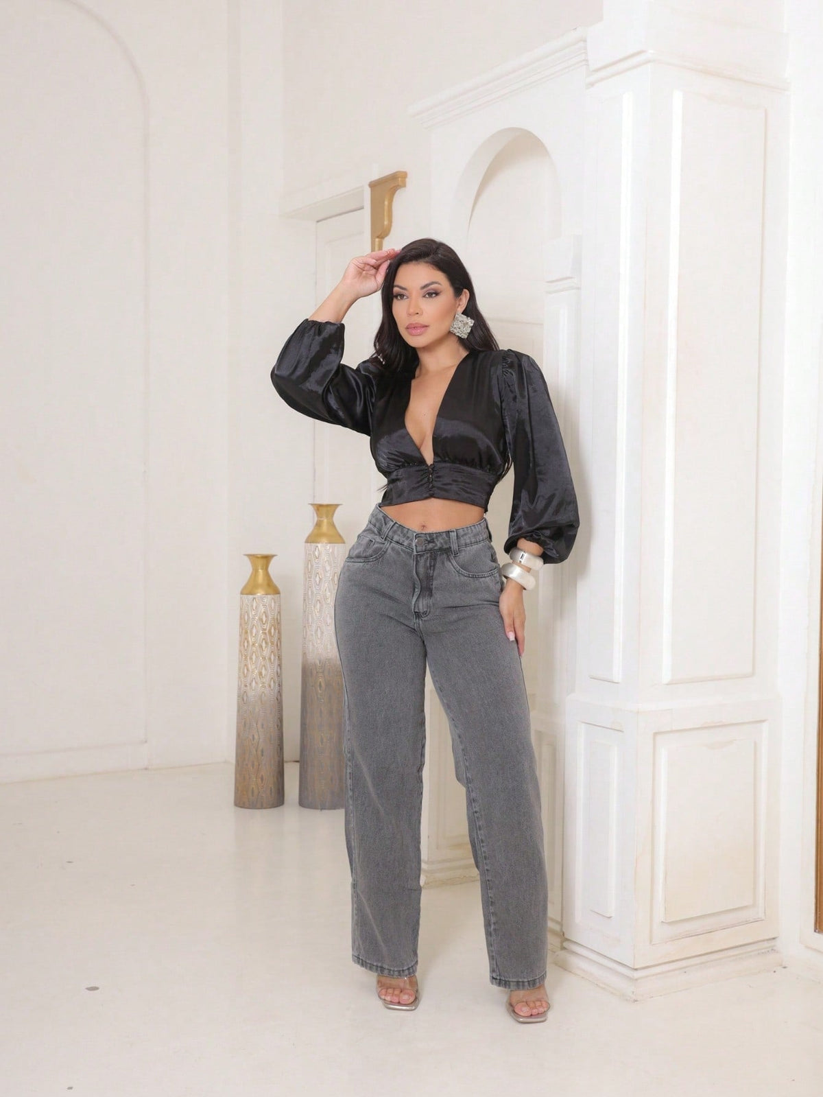 Calça Jeans Pantalona Giovanna Wide Leg Cintura Alta Marmorizada