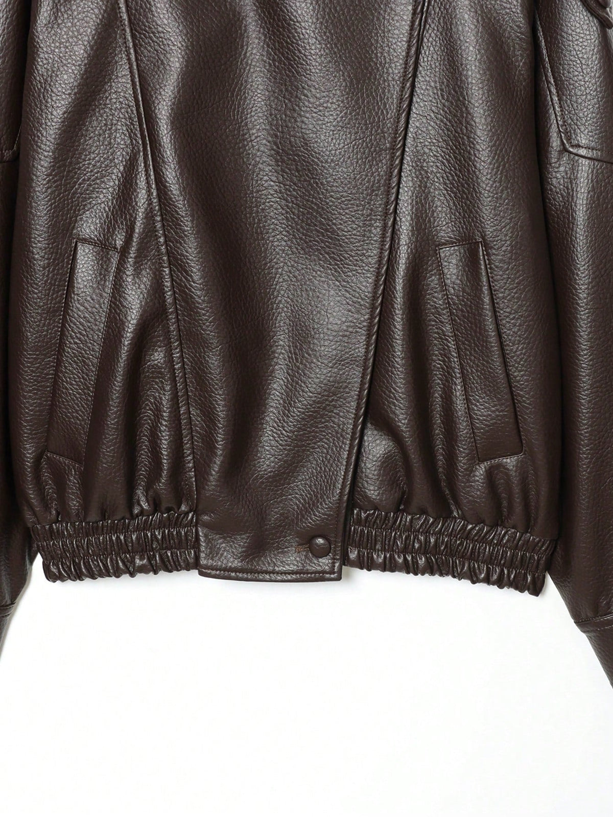Seelio Jaqueta Casual Feminina de Couro Sintético com Gola Alta, Estilo Europeu e Americano, Moda Minimalista Versátil, Streetwear, Outono/Inverno - Castanho