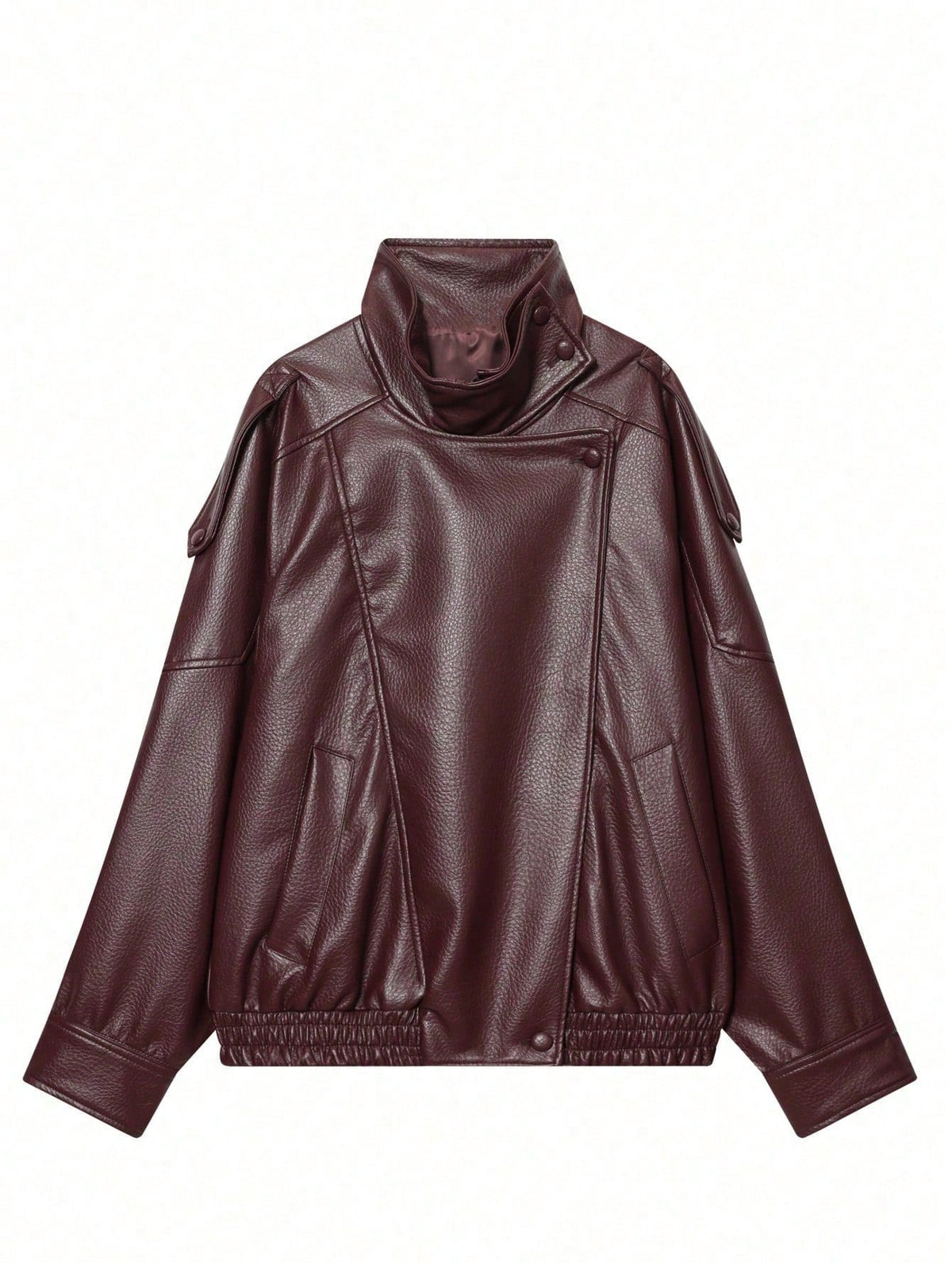 Jaqueta Feminina Camellia Oversized de Corte Solto, Nova para Outono/Inverno, Estilo Europeu e Americano, Casaco Minimalista Versátil Premium em Couro Sintético para Outono - Vinho