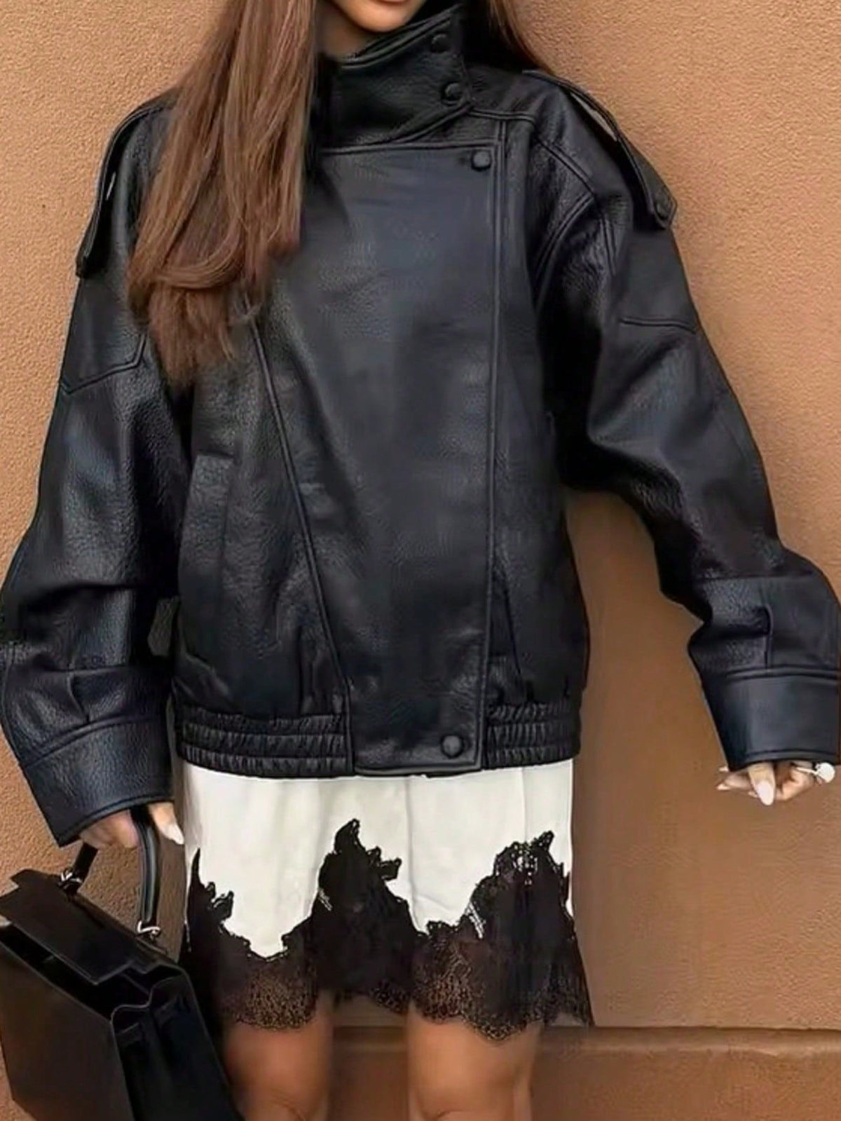 Seelio Jaqueta Casual Feminina de Couro Sintético com Gola Alta, Estilo Europeu e Americano, Moda Minimalista Versátil, Streetwear, Outono/Inverno - Preto F