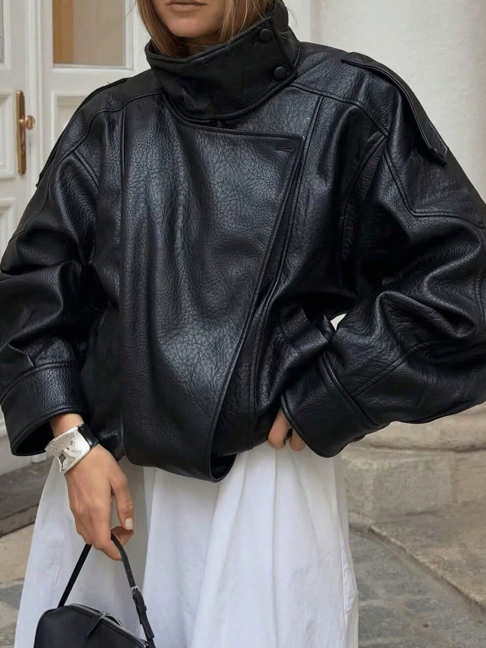 Seelio Jaqueta Casual Feminina de Couro Sintético com Gola Alta, Estilo Europeu e Americano, Moda Minimalista Versátil, Streetwear, Outono/Inverno - Preto F