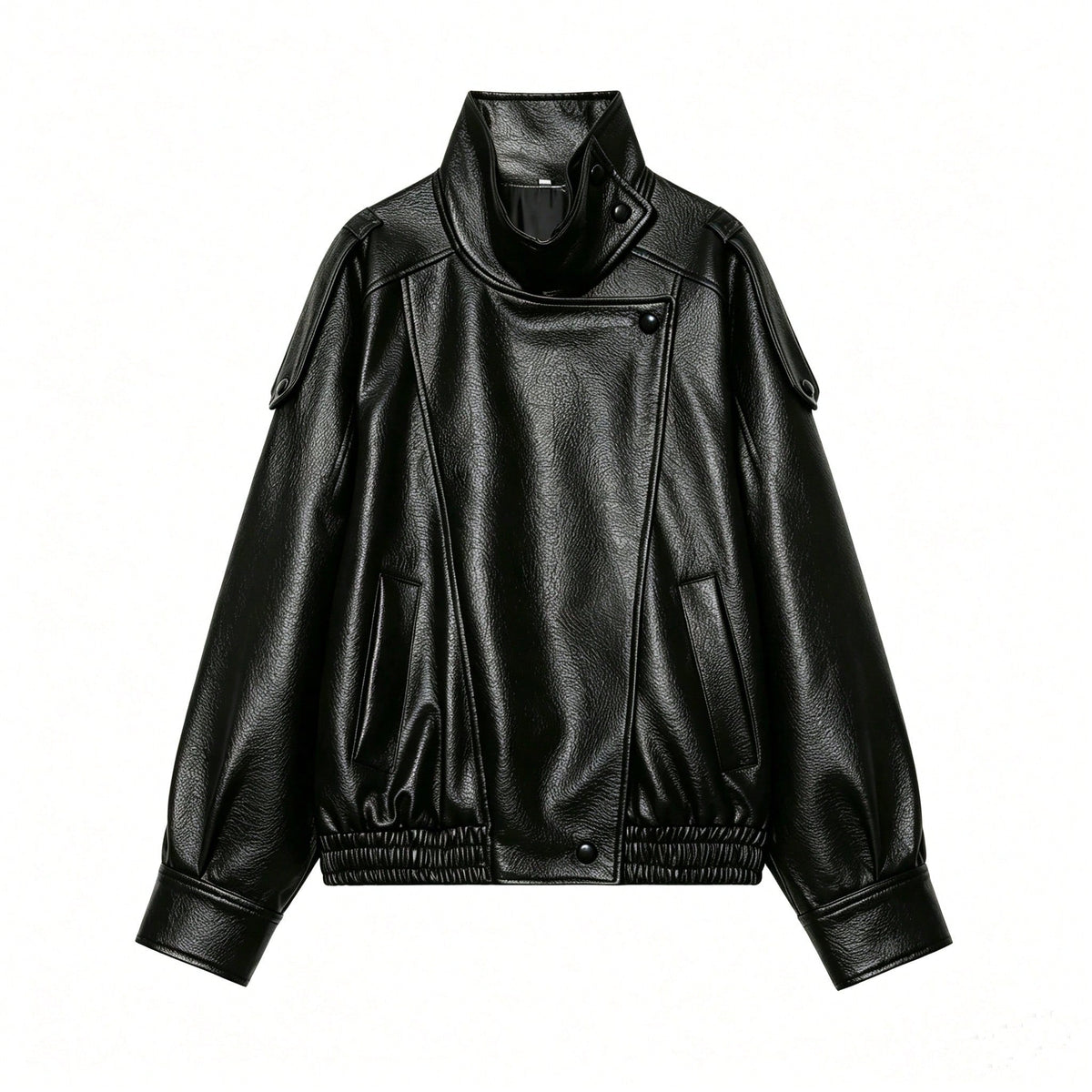 Jaqueta Feminina Camellia Oversized de Corte Solto, Nova para Outono/Inverno, Estilo Europeu e Americano, Casaco Minimalista Versátil Premium em Couro Sintético para Outono - Preto