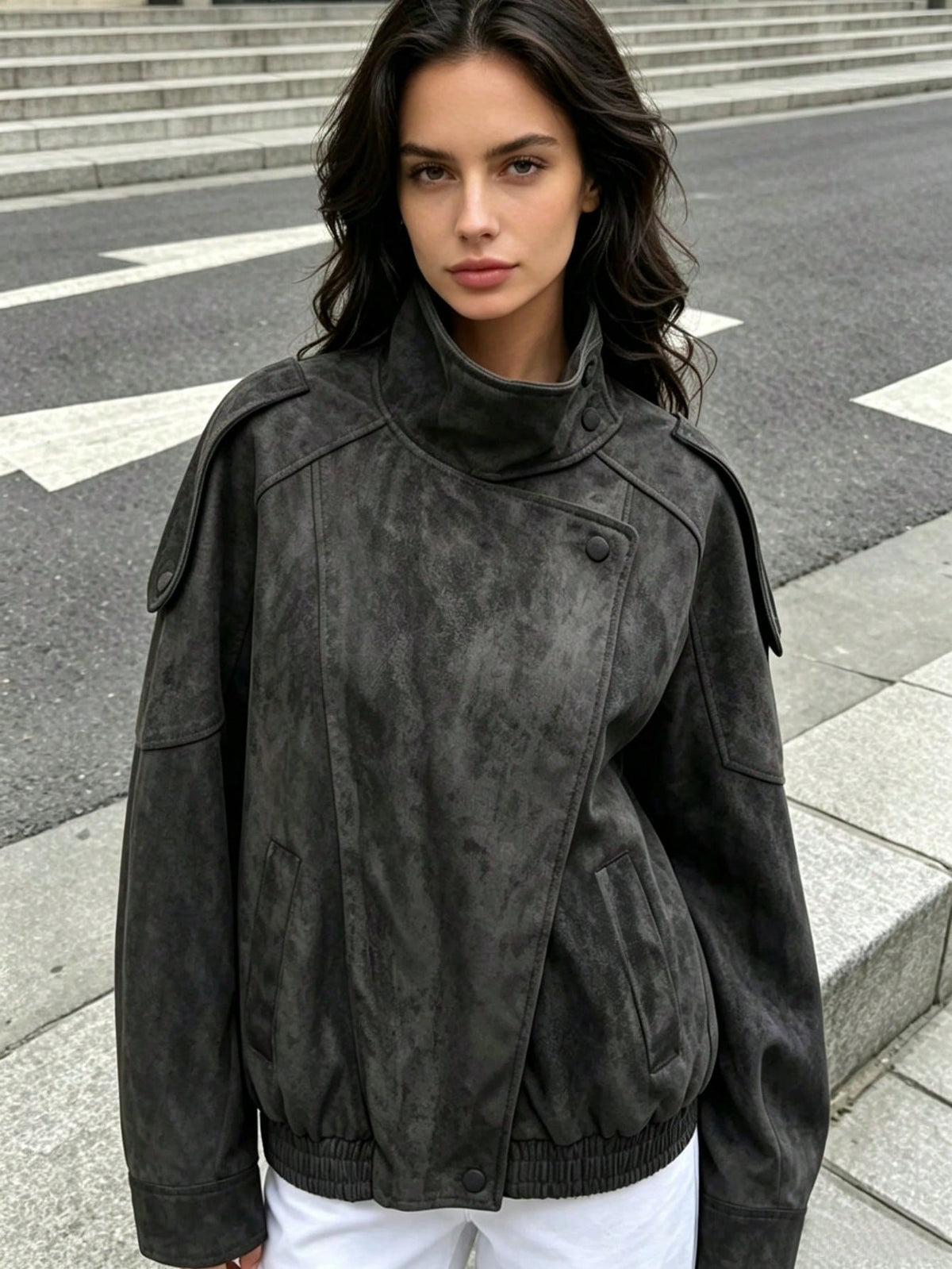 Seelio Jaqueta Casual Feminina de Couro Sintético com Gola Alta, Estilo Europeu e Americano, Moda Minimalista Versátil, Streetwear, Outono/Inverno - Preto e cinza