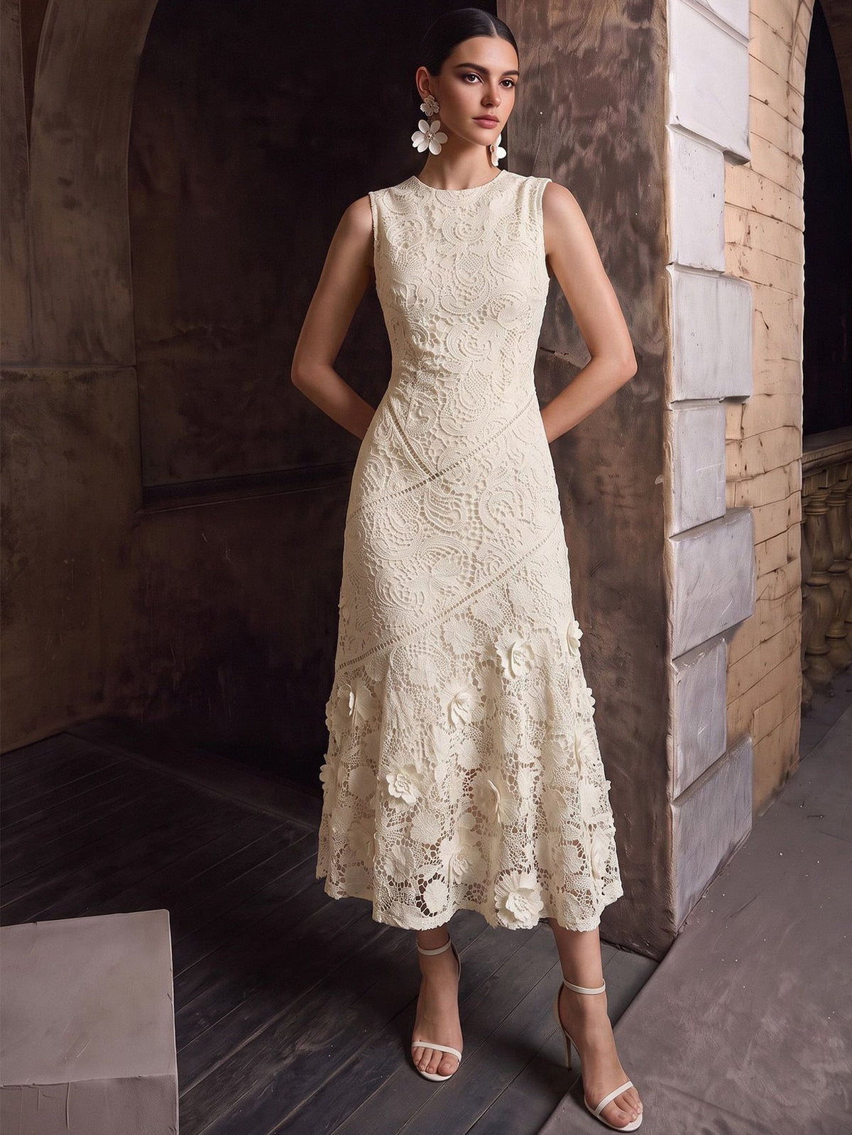 Anewsta Vestido Elegante de Pescoço Redondo de Renda com Splice Vazado, Primavera e Verão - Damasco