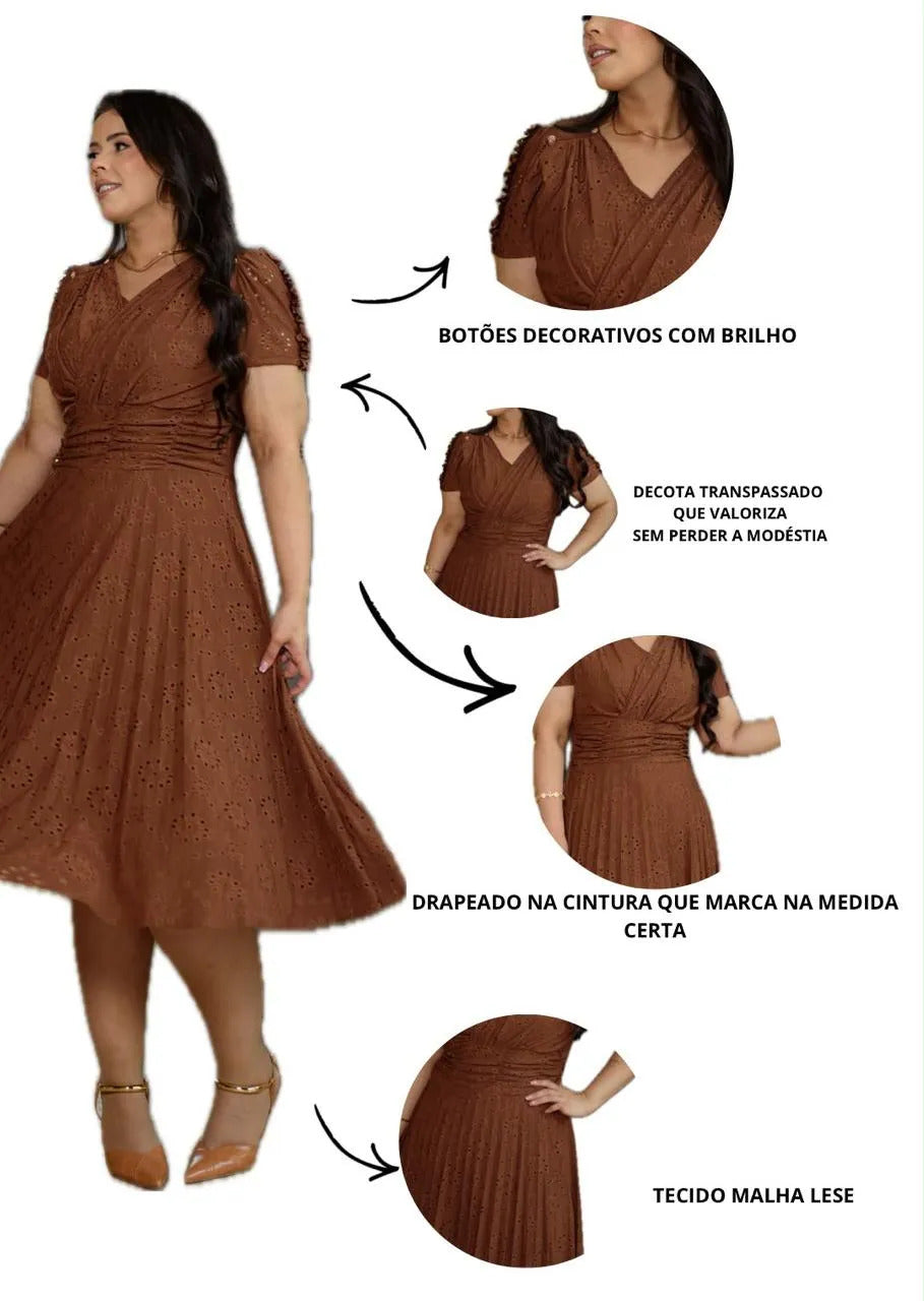 Vestido Midi Em Malha Lese Com Manga Curta Feminino Plissado - Marrom