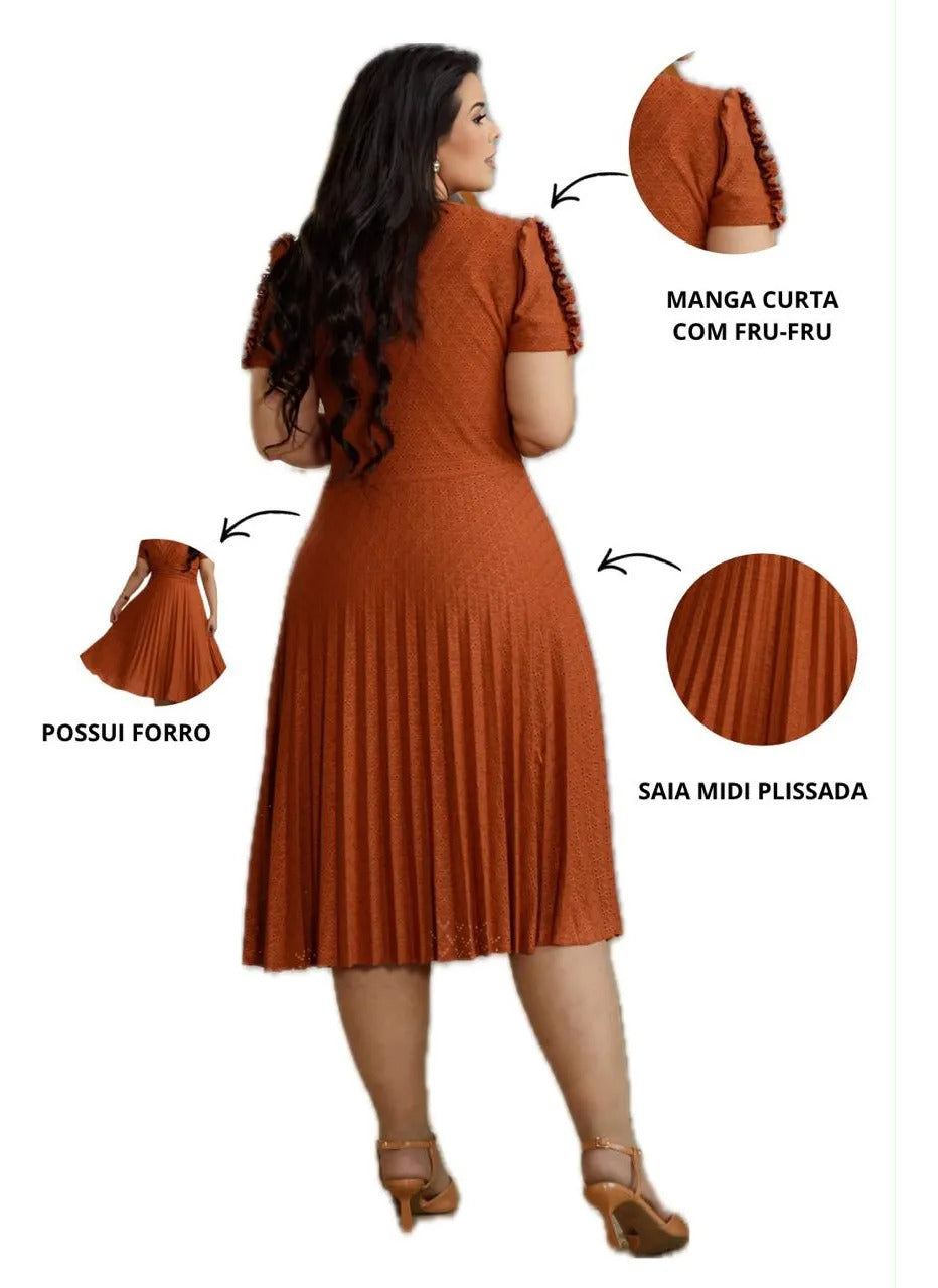 Vestido Midi Em Malha Lese Com Manga Curta Feminino Plissado - Laranja Terracota
