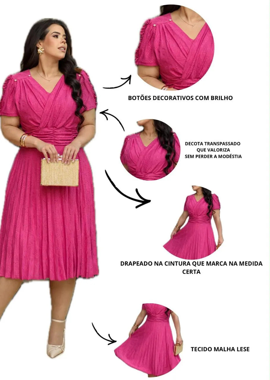 Vestido Midi Em Malha Lese Com Manga Curta Feminino Plissado - Rosa Pink