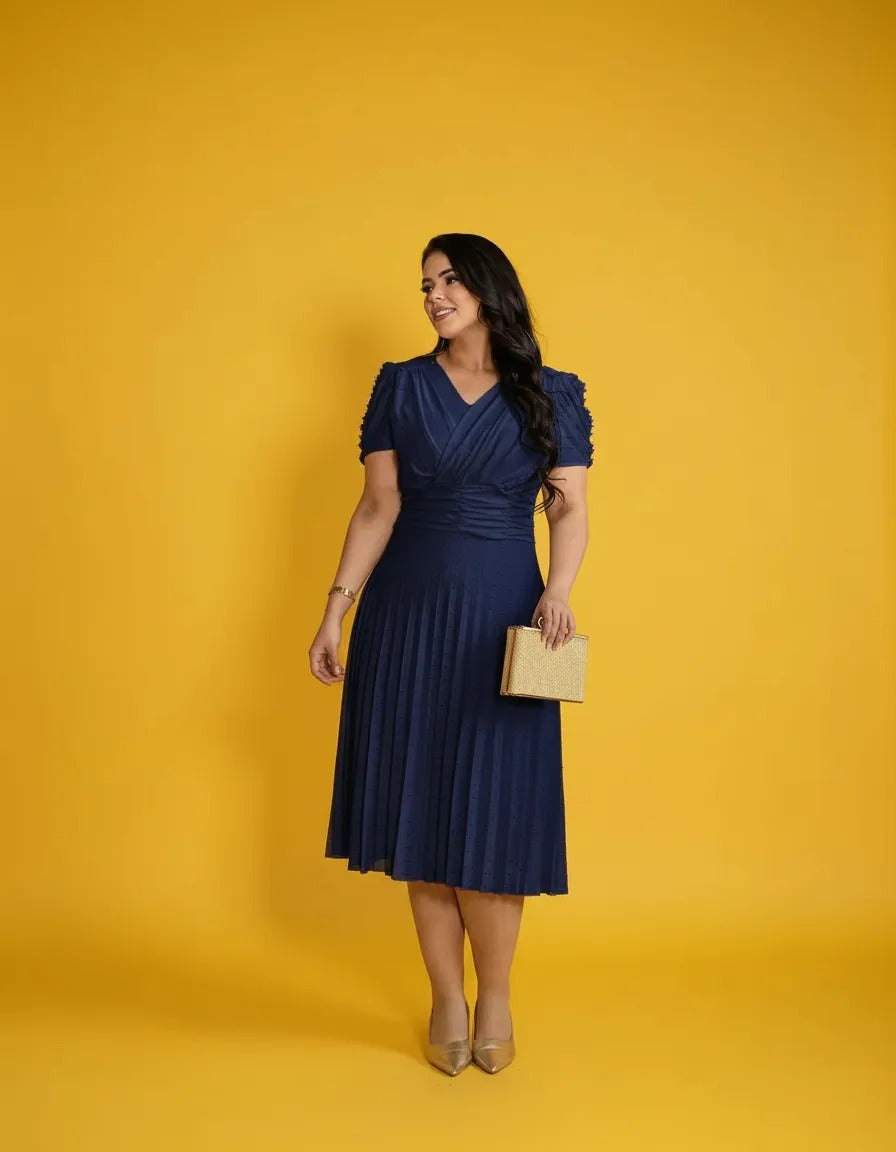Vestido Midi Em Malha Lese Com Manga Curta Feminino Plissado - Azul