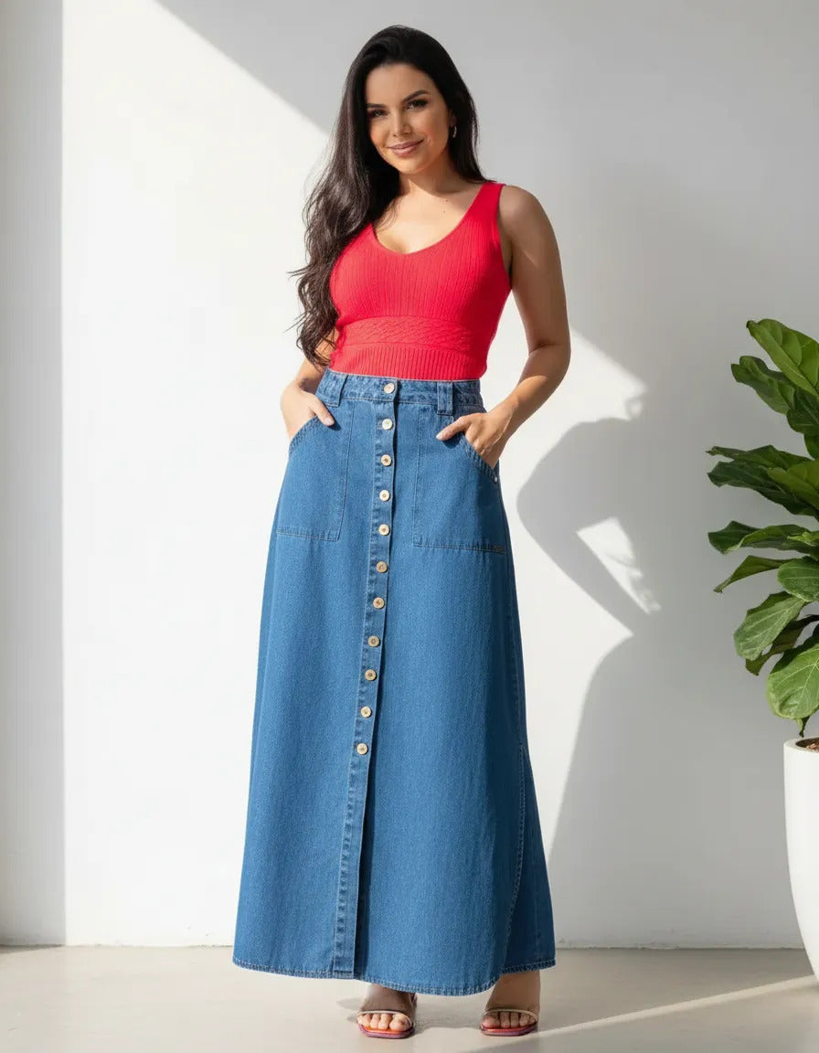 Saia Longa Jeans Premium Lançamento Moda Evangélica S4036 - Azul