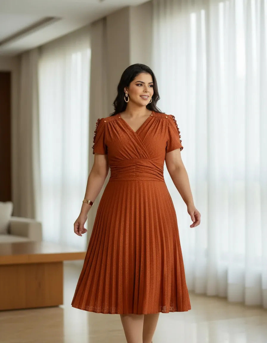 Vestido Midi Em Malha Lese Com Manga Curta Feminino Plissado - Laranja Terracota