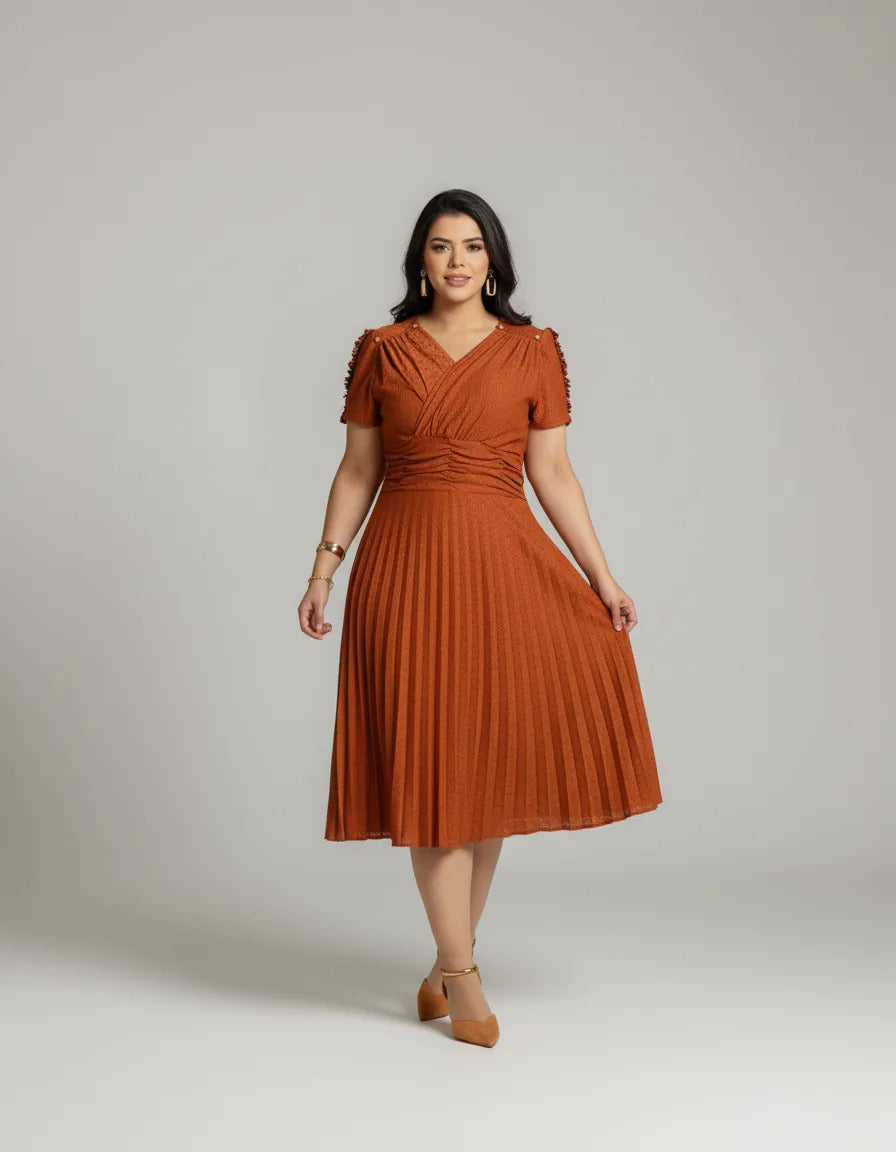 Vestido Midi Em Malha Lese Com Manga Curta Feminino Plissado - Laranja Terracota