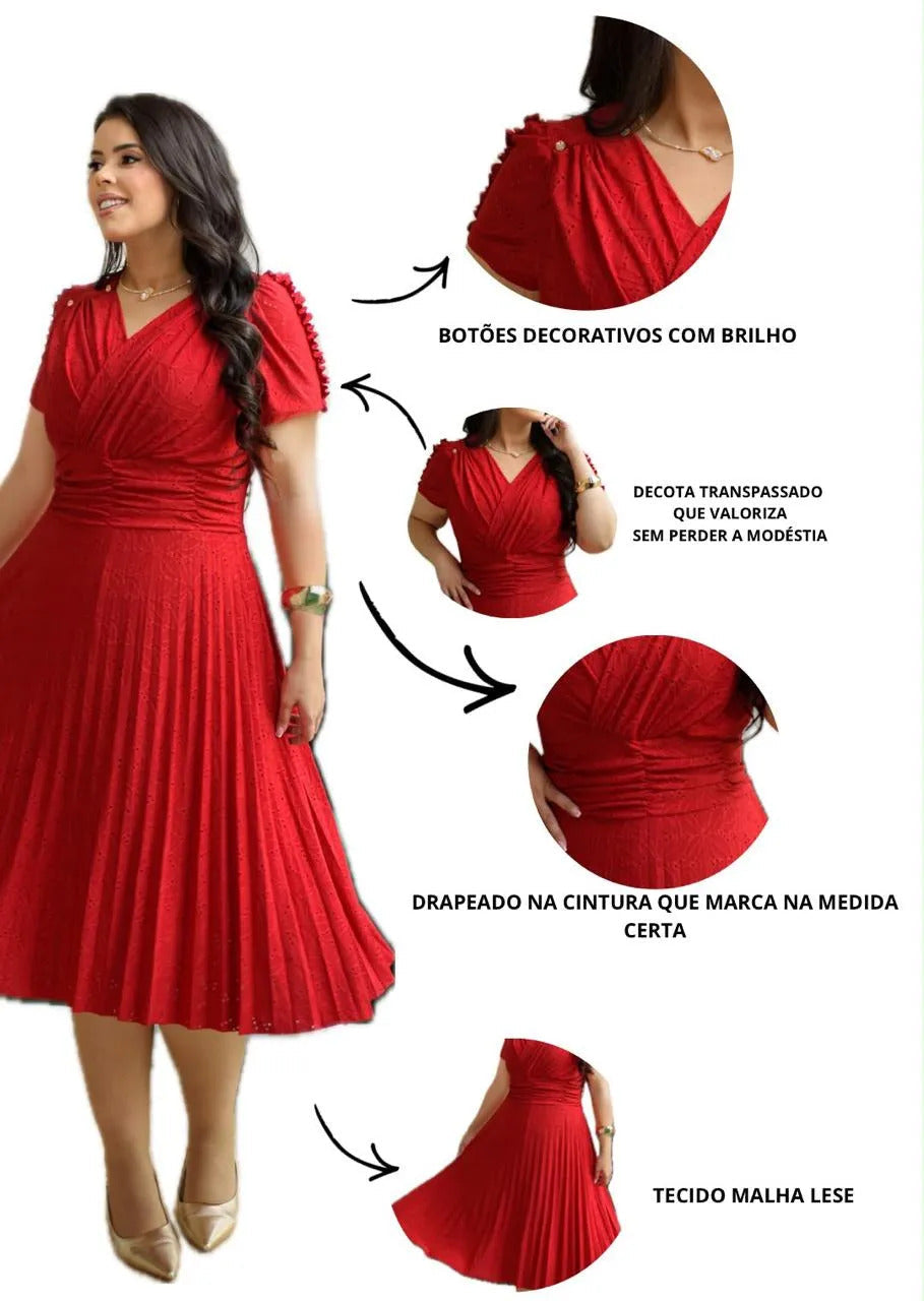 Vestido Midi Em Malha Lese Com Manga Curta Feminino Plissado - Vermelho