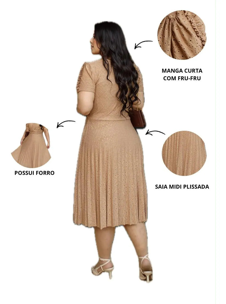 Vestido Midi Em Malha Lese Com Manga Curta Feminino Plissado - Nude