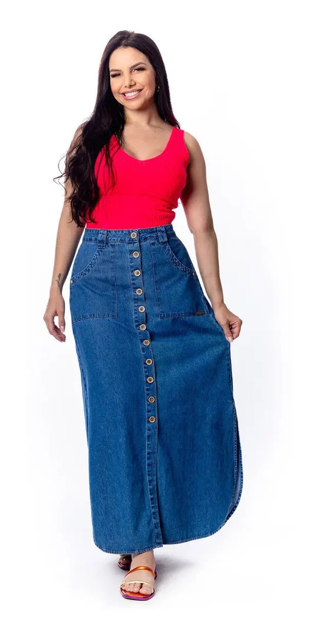 Saia Longa Jeans Premium Lançamento Moda Evangélica S4036 - Azul