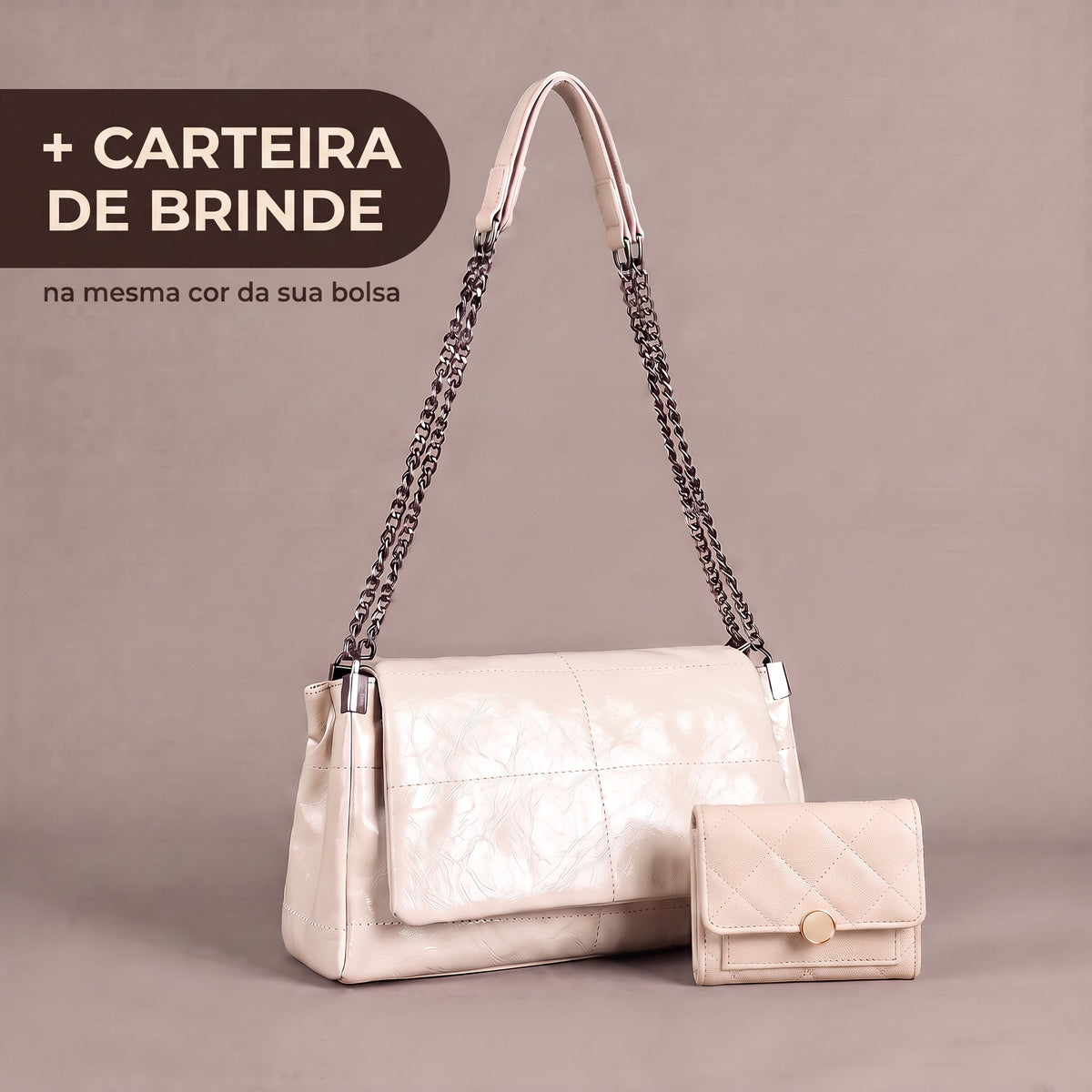 Bolsa bege com carteira de brinde na mesma cor