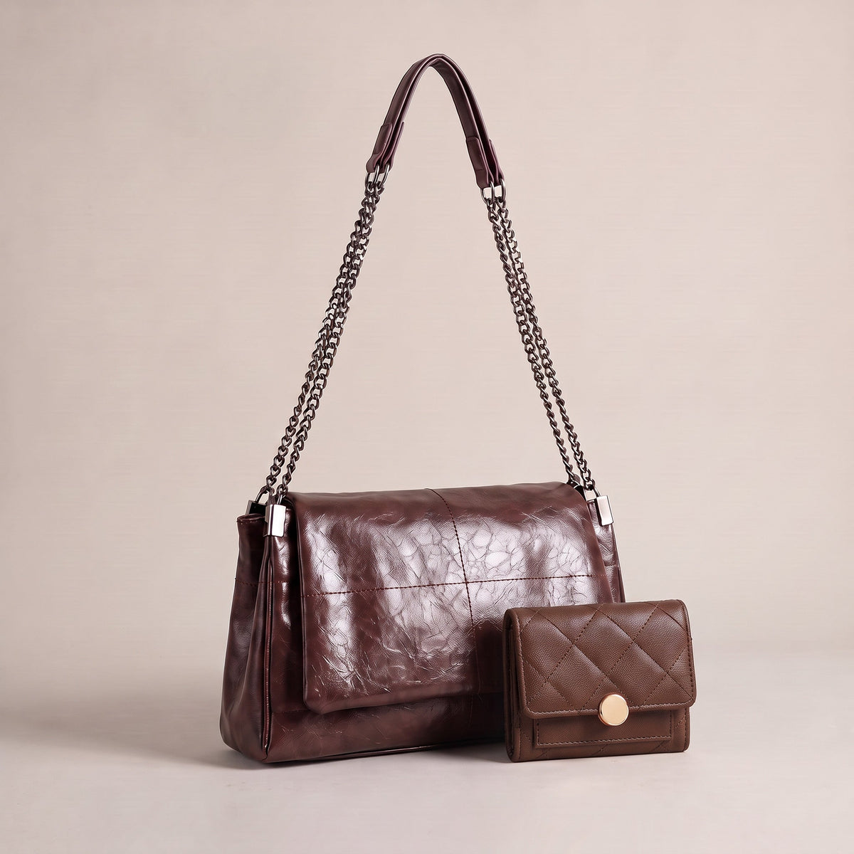 Bolsa transversal café com corrente e carteira de brinde café
