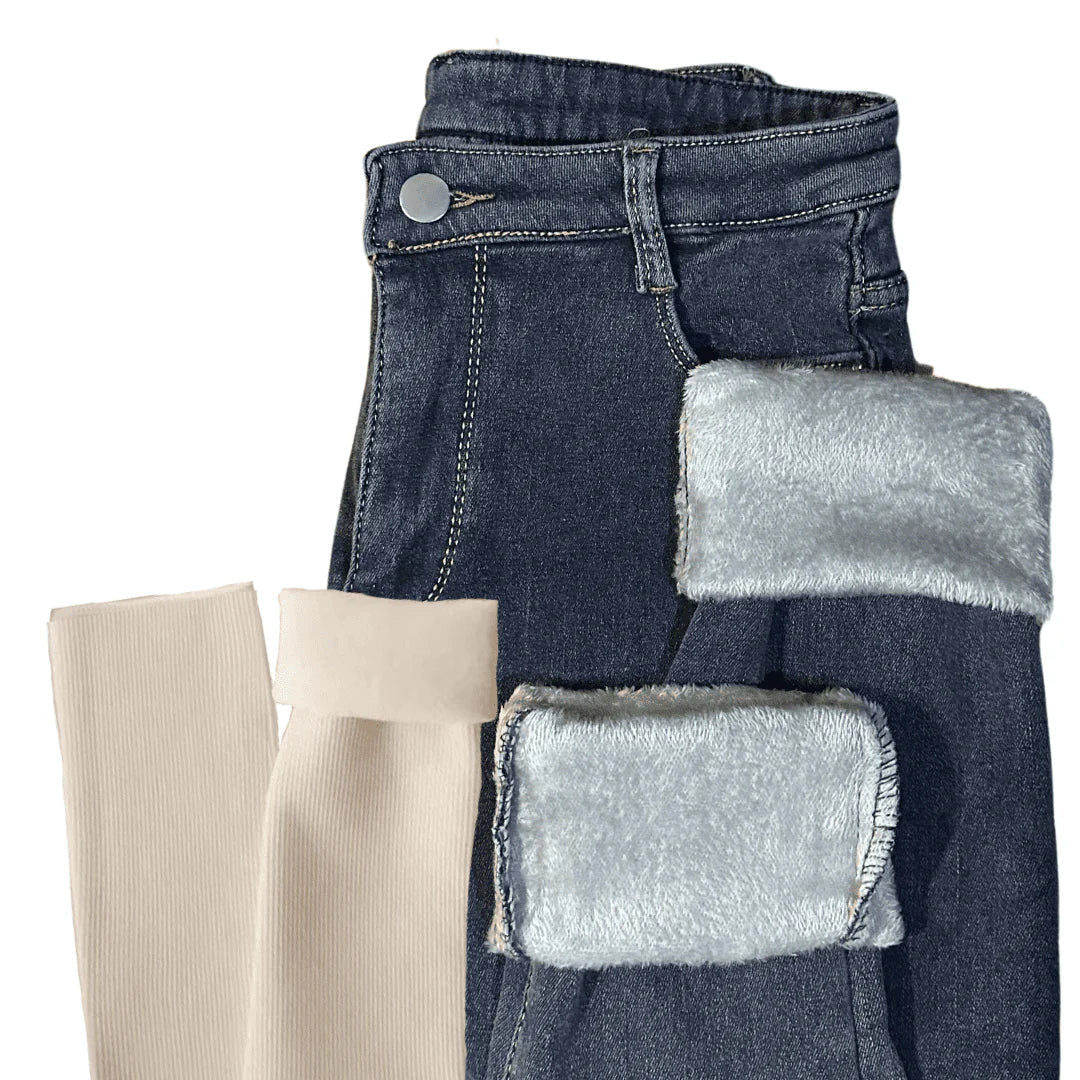 Calça Jeans Peluciada com Elastano + Meia Térmica Grátis