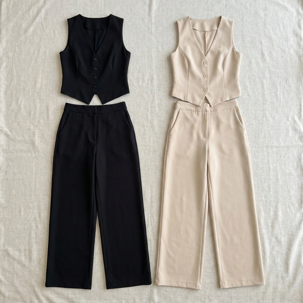 Kit com 2 conjuntos de alfaiataria, colete e calça pantalona preto e bege