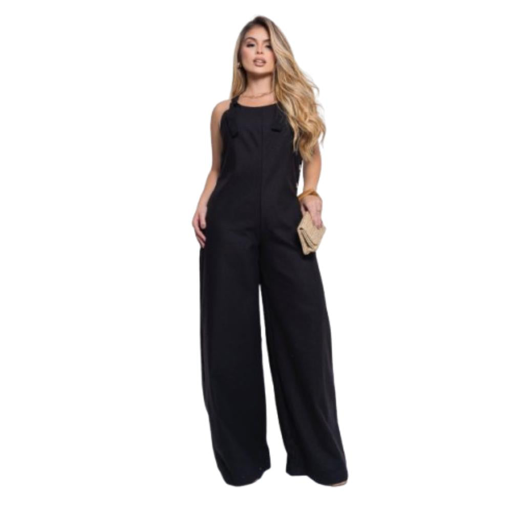 Macacão Pantalona Wide Leg em Linho com Alças Ajustáveis