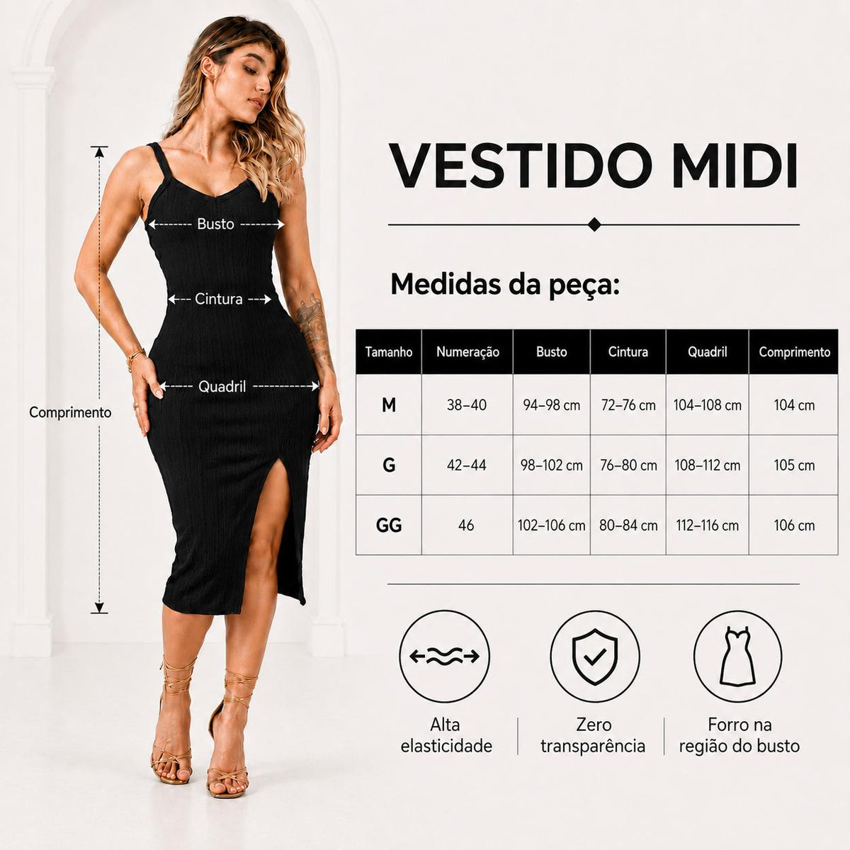 Vestido Midi de Alça em Ribana com Fenda Lateral
